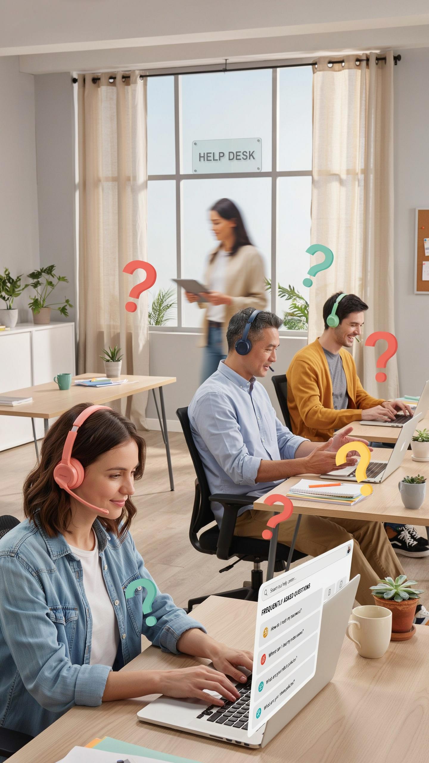 Four diverse people, three wearing headsets at laptops with question marks floating around them, are in a modern office, while another person stands b