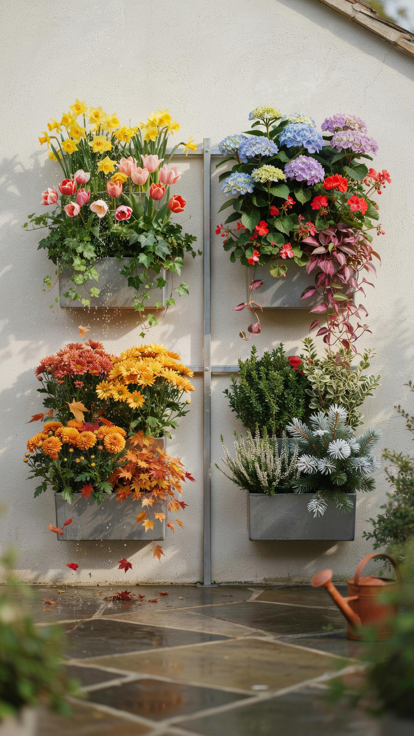 Four rectangular metal planters, each filled with vibrant flowers and foliage, are mounted in two vertical columns on a light-colored stucco wall, wit