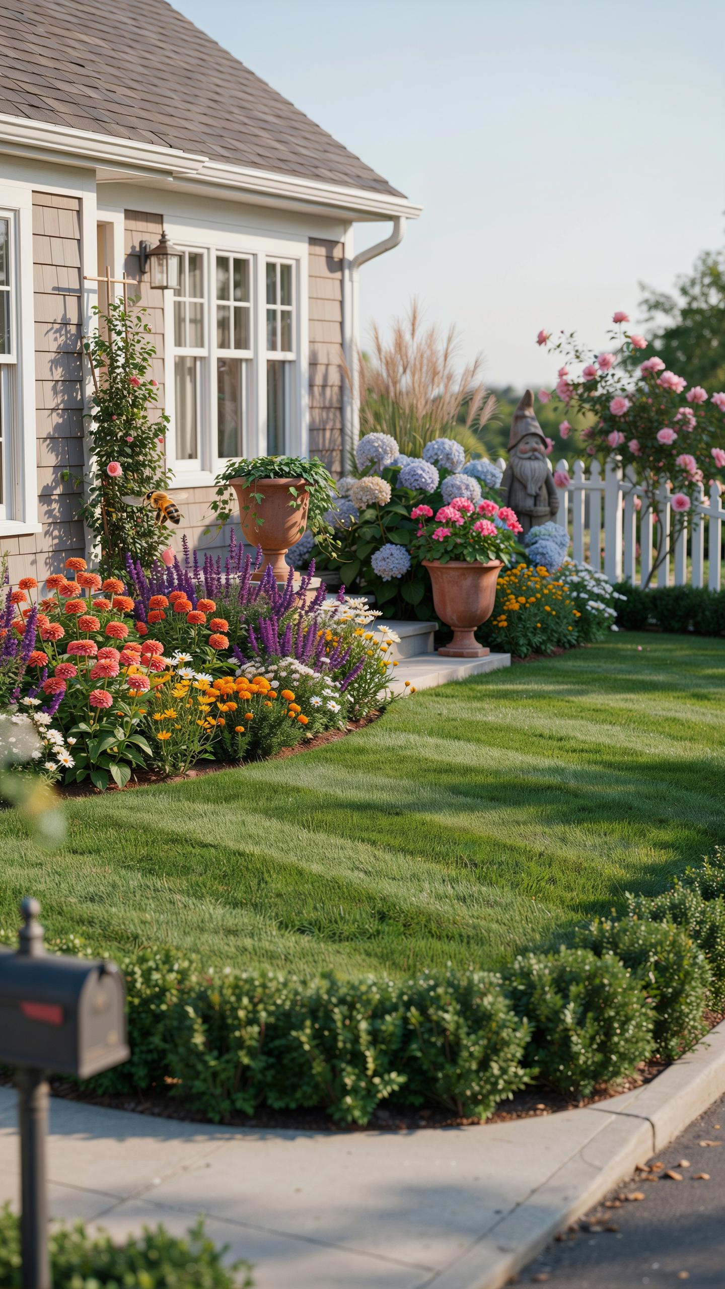 A charming cottage-style house with gray shingle siding, white trim, and a dark roof, surrounded by a lush green lawn and vibrant flower beds in shade