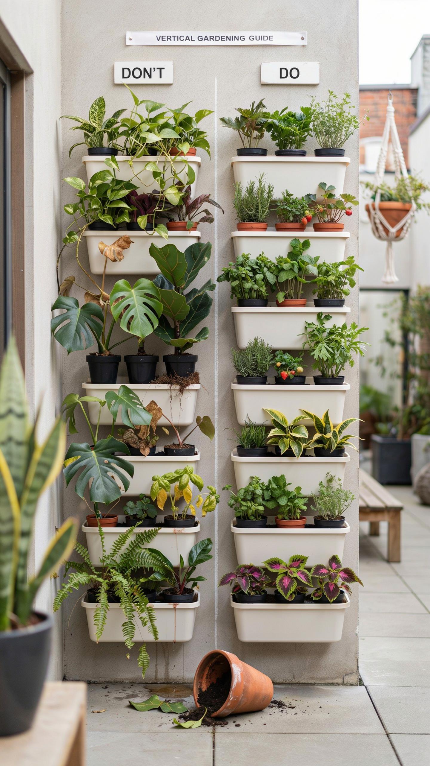 A vertical garden setup is mounted on a light gray wall on an outdoor patio, featuring two columns of white planters filled with various green plants