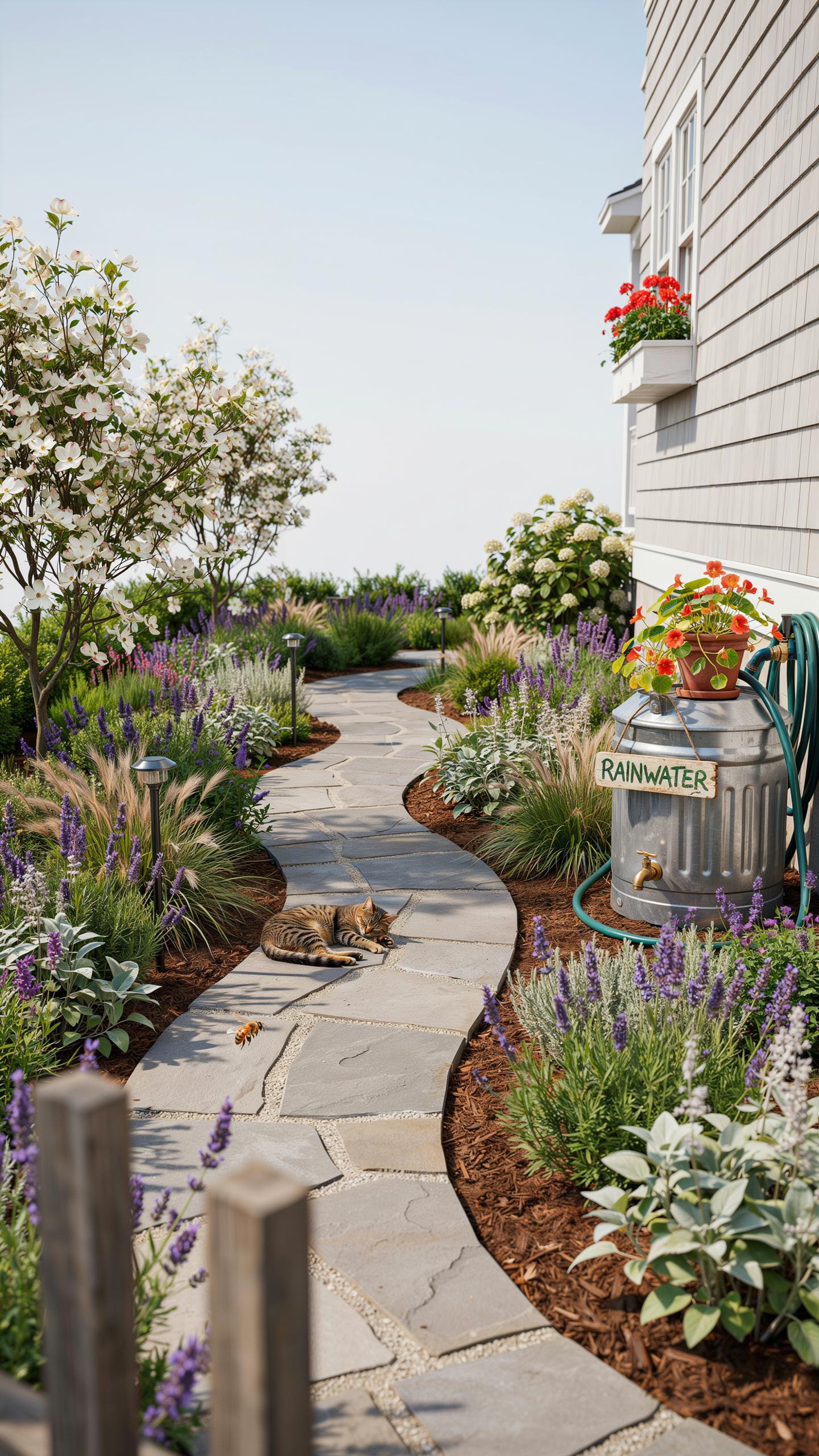 A winding stone pathway leads through a lush, well-maintained garden with various plants, a rain barrel, and a house with light grey siding.