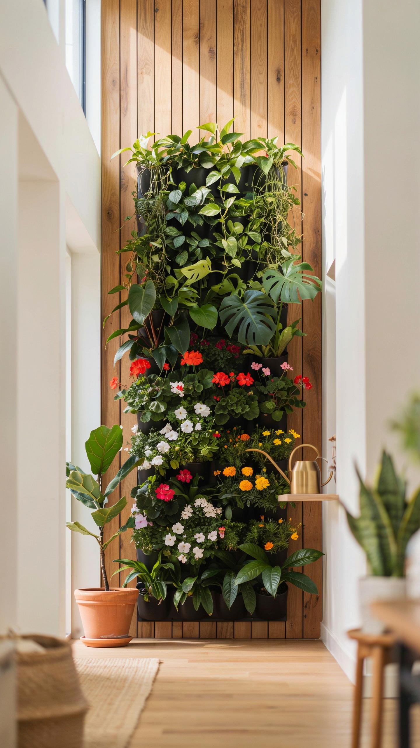 A vibrant, floor-to-ceiling vertical garden with a variety of green plants and colorful flowers is mounted on a light wood panel wall in a modern, bri