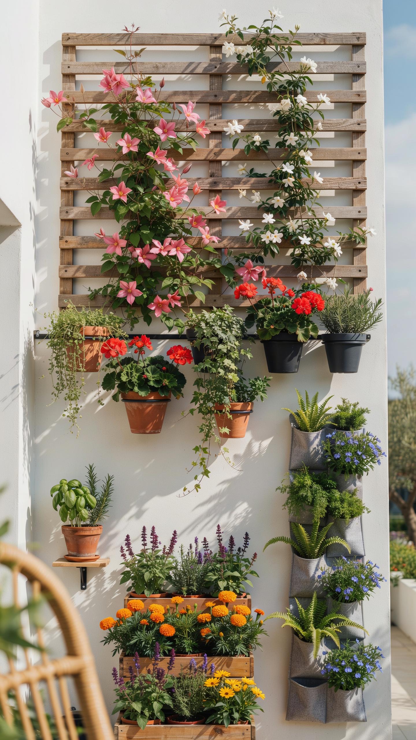 A white wall features a vertical garden setup with various potted plants, including flowering vines on a wooden trellis, hanging pots, and a stack of