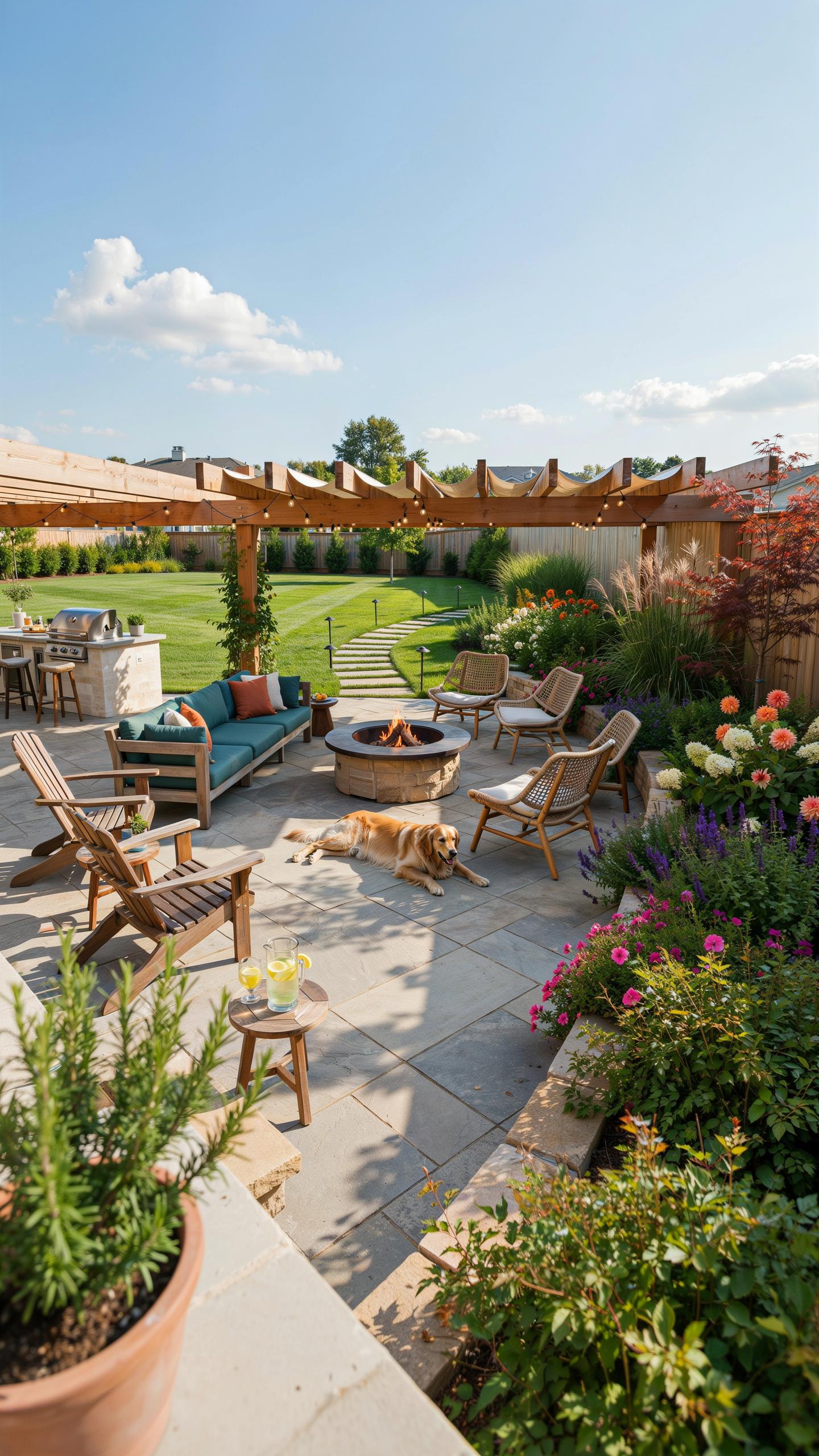 A golden retriever lies on a stone patio with a fire pit, surrounded by Adirondack chairs and lush garden beds, under a wooden pergola that extends ov
