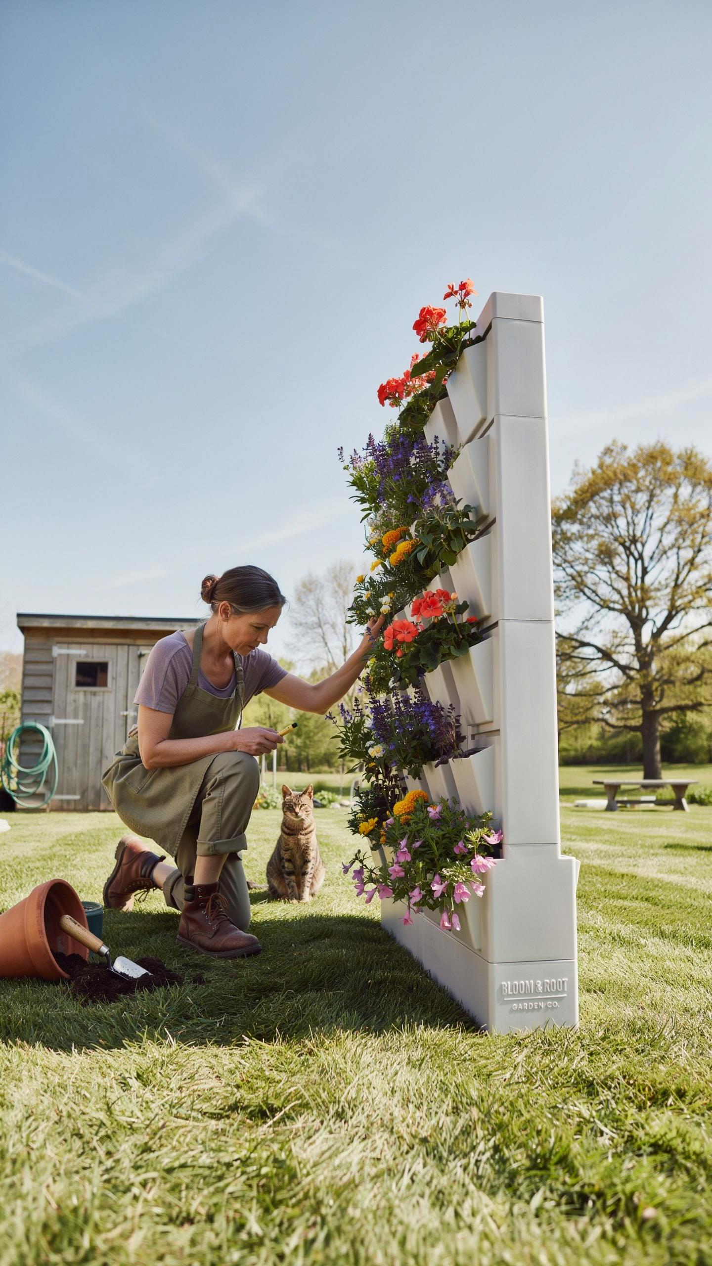A woman kneels beside a white vertical garden wall filled with colorful flowers, tending to a plant while a small dog sits attentively behind her in a