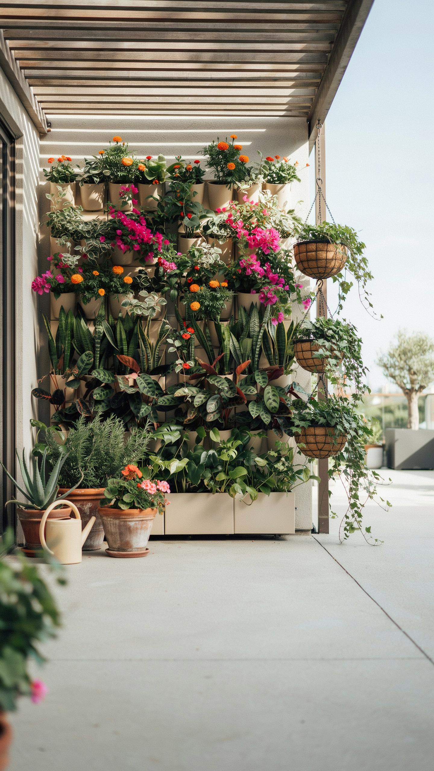 A vibrant vertical garden full of various green plants and colorful flowers, including pink bougainvillea and orange blooms, is mounted on an exterior