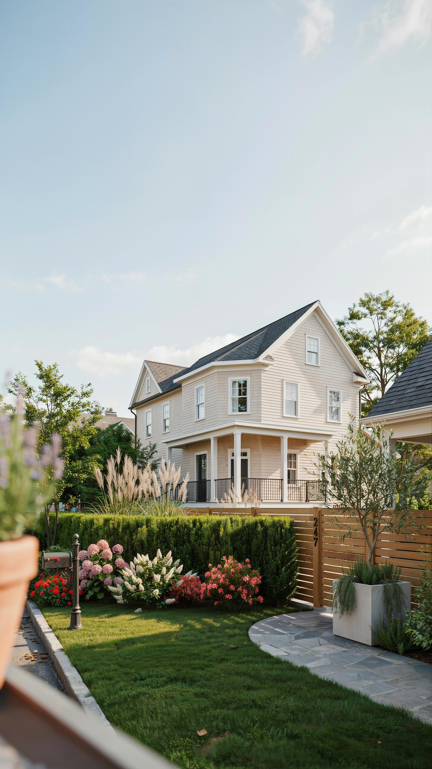 A light beige, two-story house with a dark roof and white trim stands behind a vibrant, well-maintained garden with colorful flowers, green shrubs, an