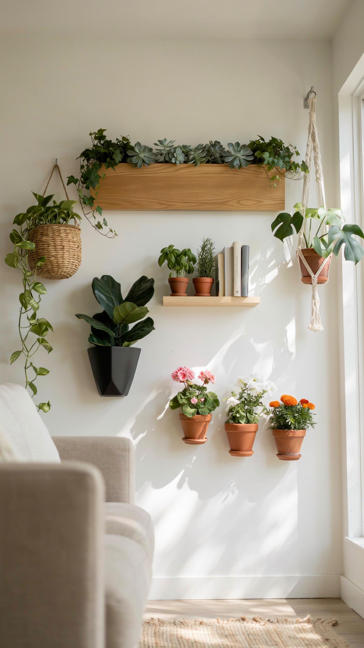 A brightly lit living room wall features a variety of green houseplants in different planters, including a long wooden planter, hanging baskets, and w