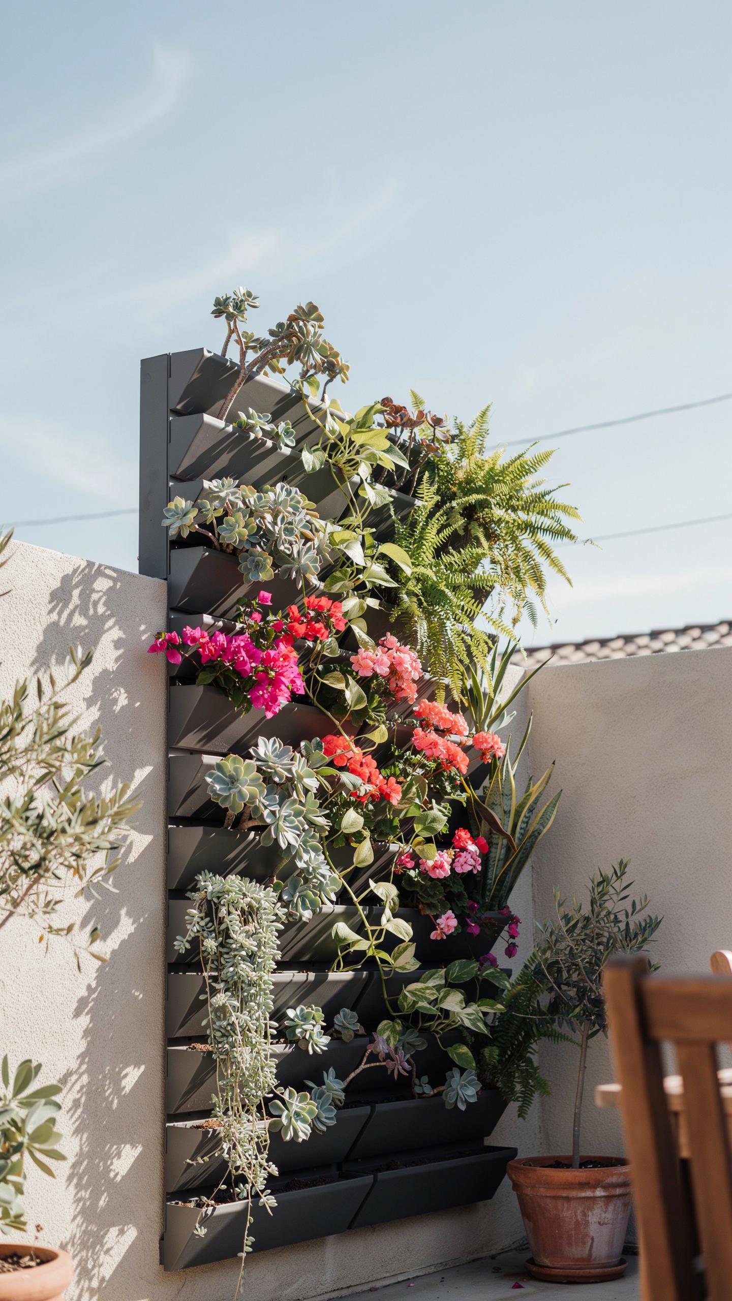 A tall, black vertical garden planter is mounted against a light-colored stucco wall, filled with a vibrant assortment of green foliage and blooming p