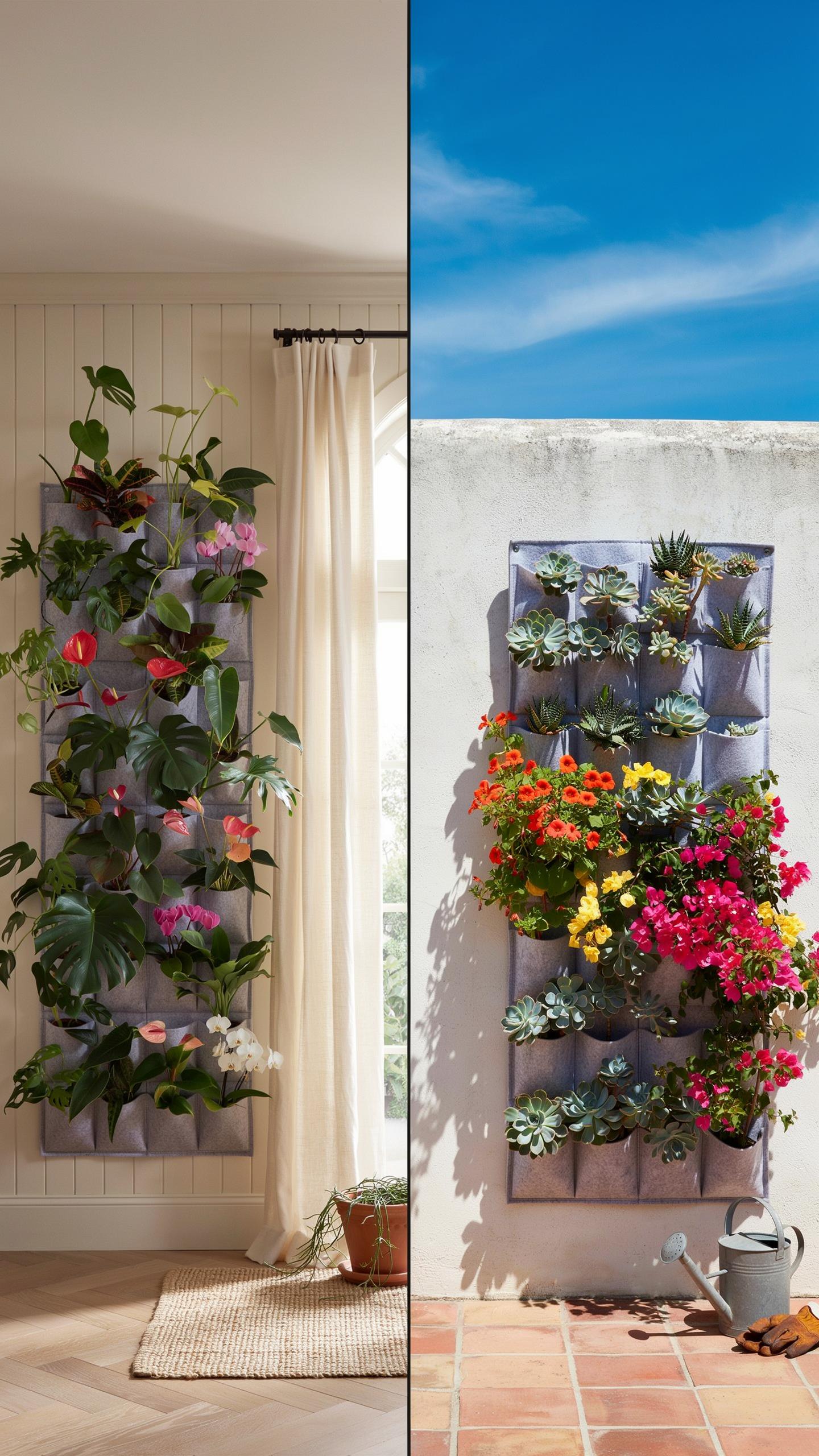 A split image shows two vertical wall planters, one indoors and one outdoors, each filled with various plants and flowers.