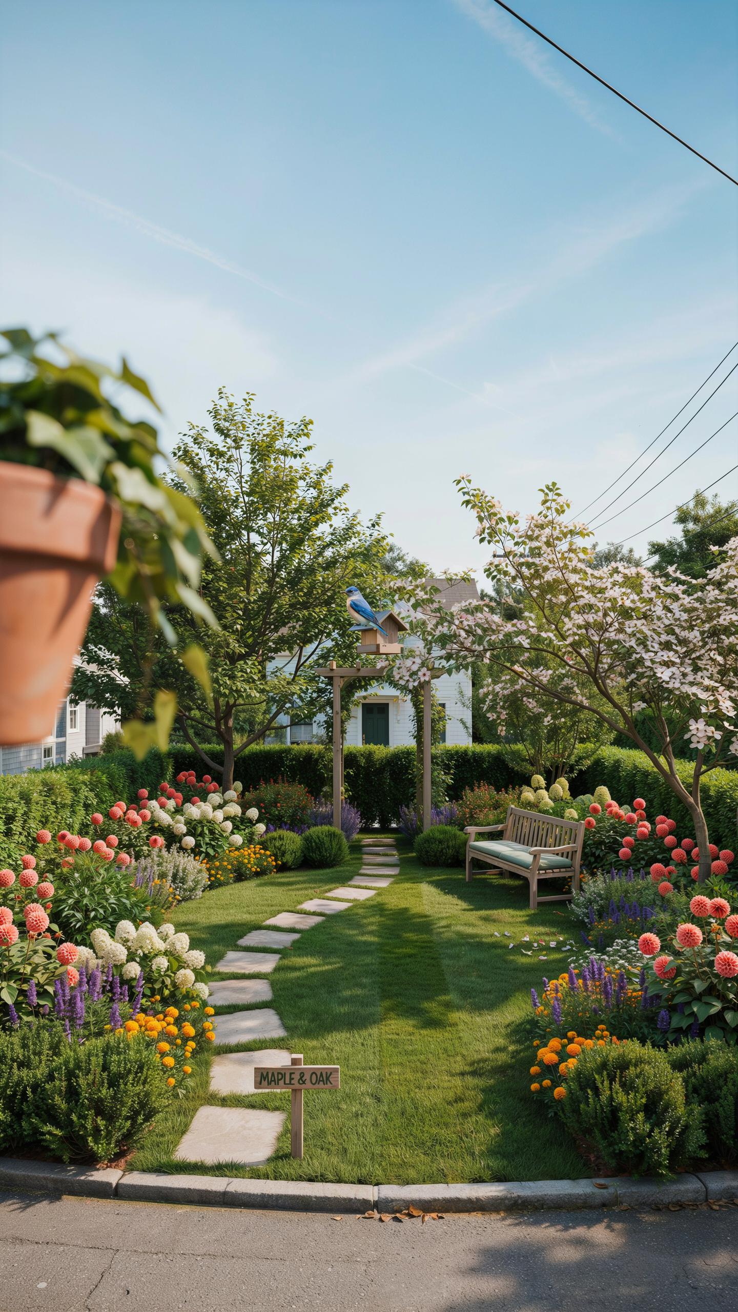 A vibrant garden path leads through lush green grass, surrounded by colorful hydrangeas, dahlias, and other blooming flowers, towards a white house fr