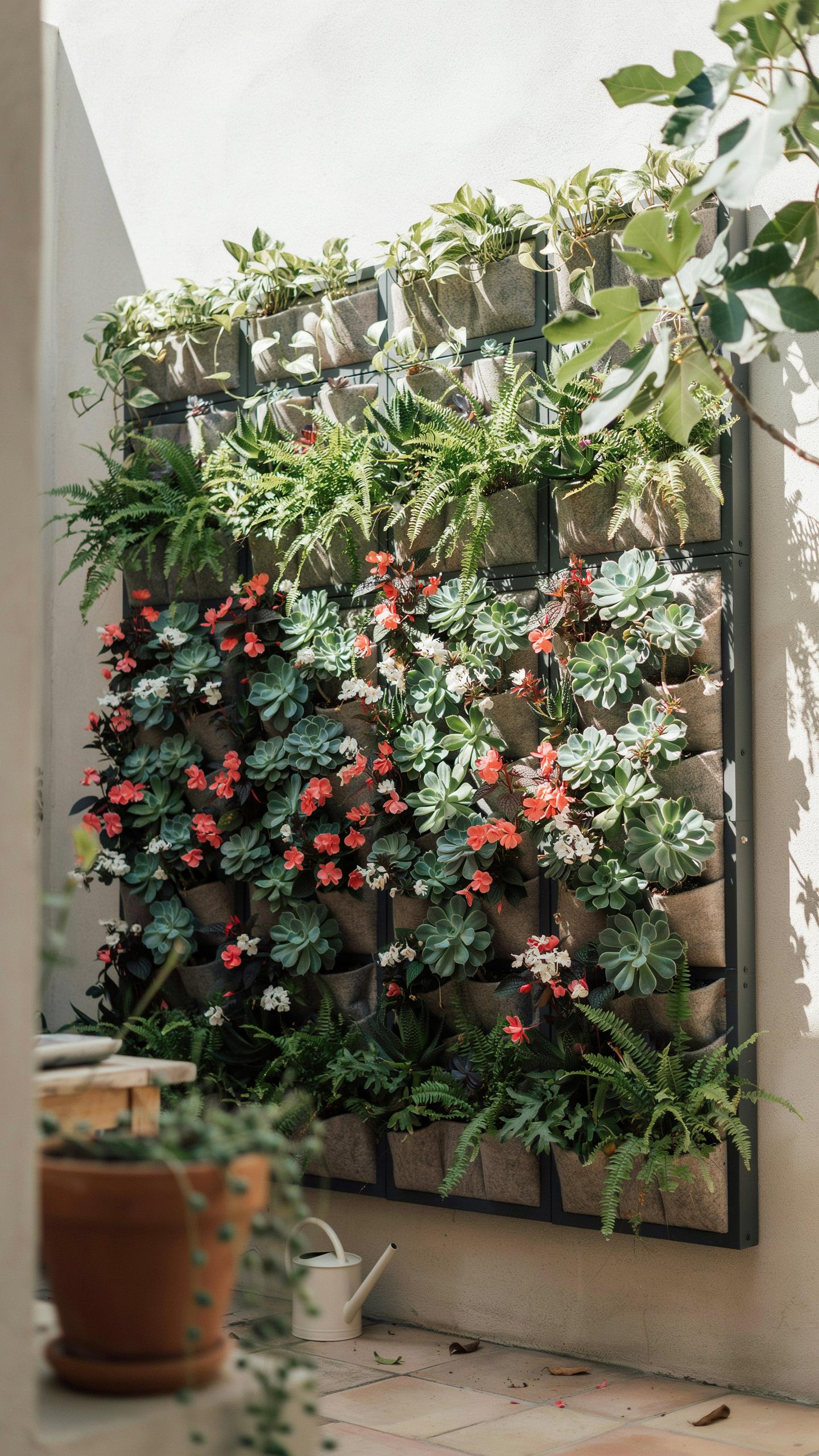 A large vertical garden with various green plants and red and pink flowering plants is mounted on a light-colored outdoor wall, with sunlight casting