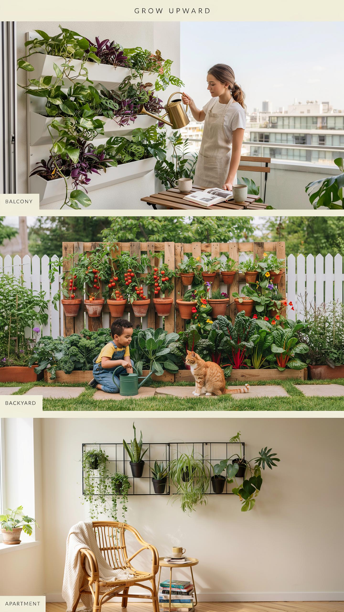 Three vertical garden setups are shown: a young girl watering a multi-tiered balcony garden, two children and a cat tending to a backyard fence garden