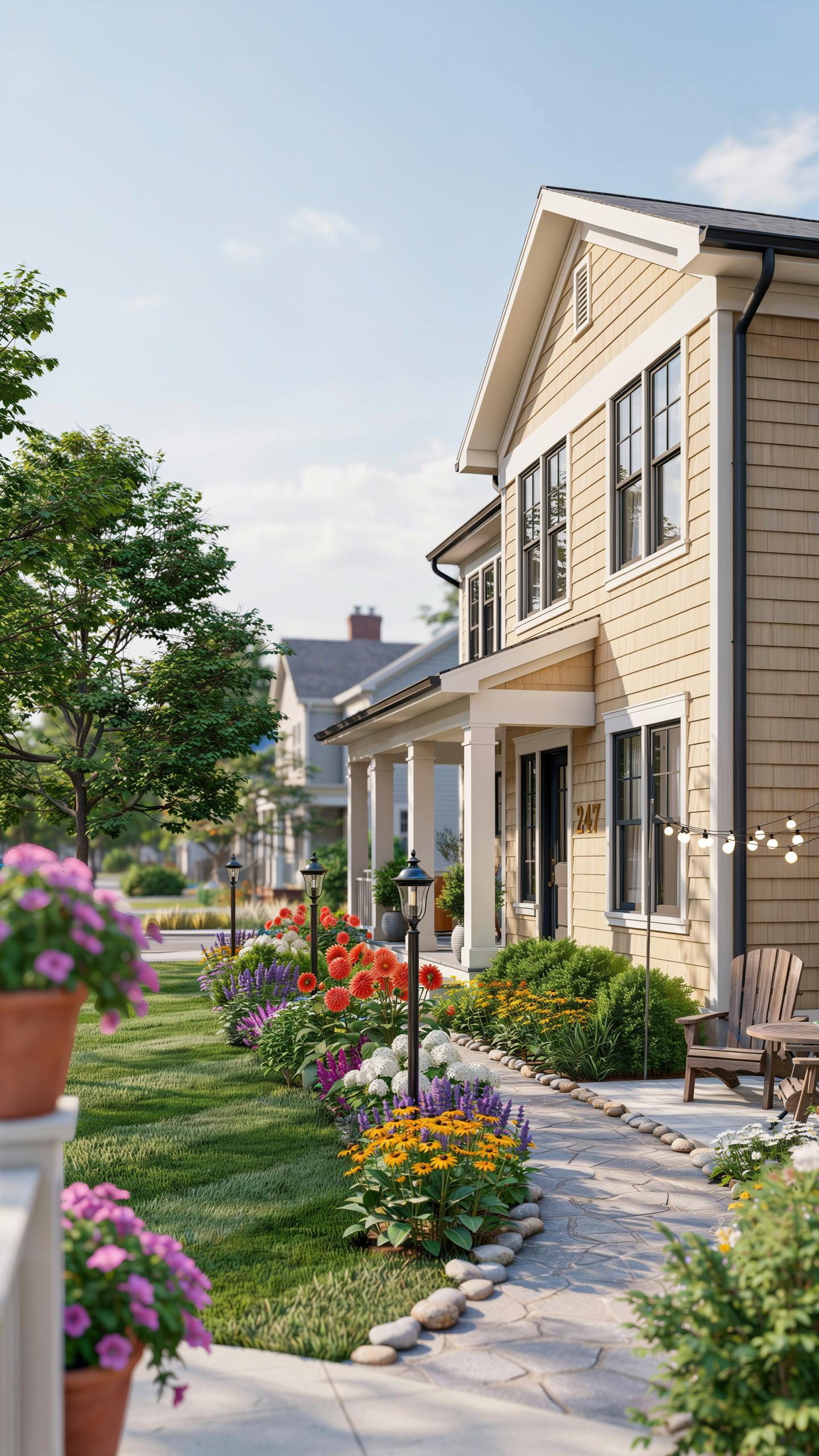 A beige two-story house with black-framed windows and a white porch stands beside a stone pathway lined with vibrant flowers in shades of red, orange,