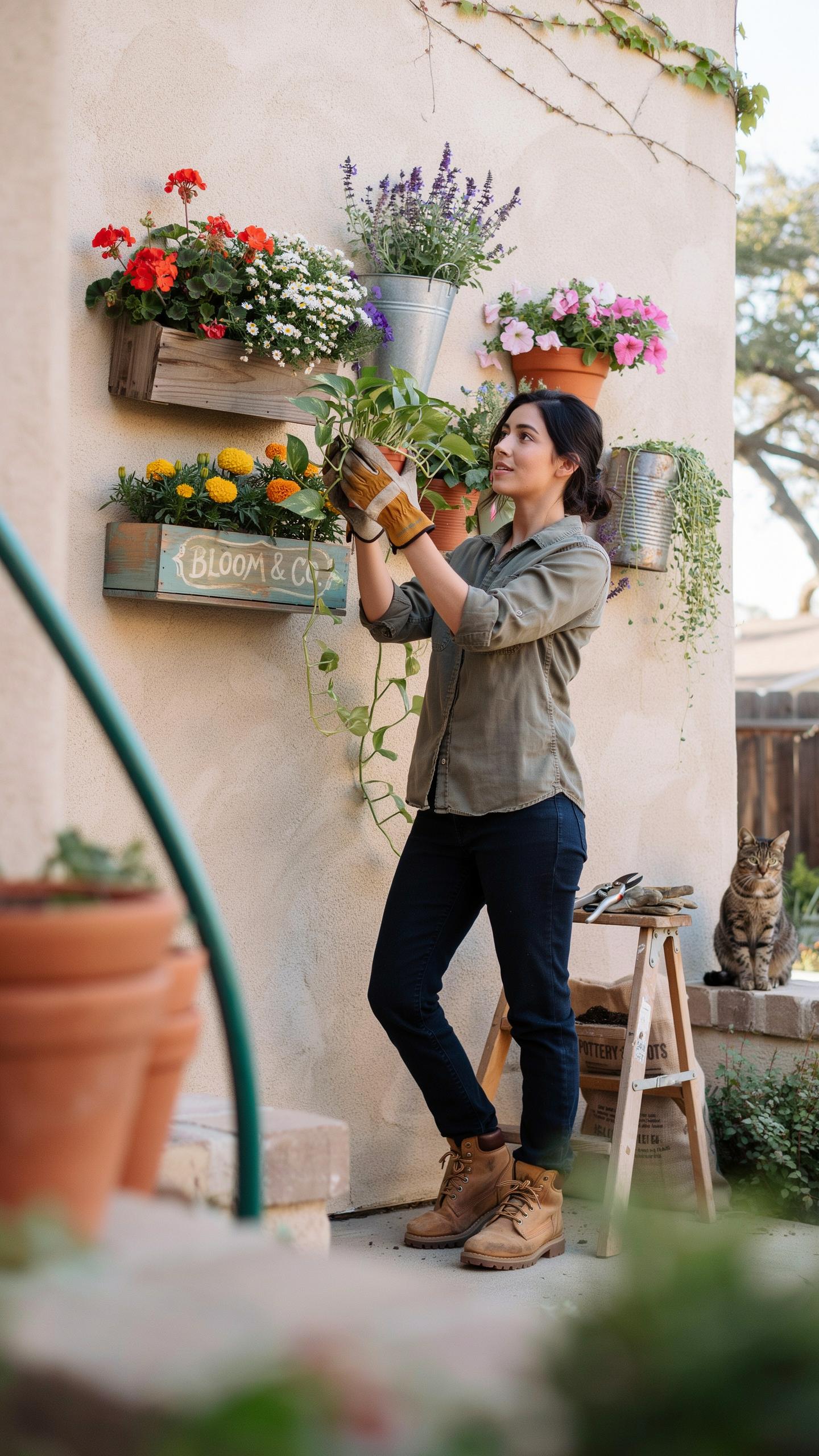 A woman in a green shirt, dark pants, and work gloves stands outside a textured, light-colored wall adorned with various hanging planters full of colo