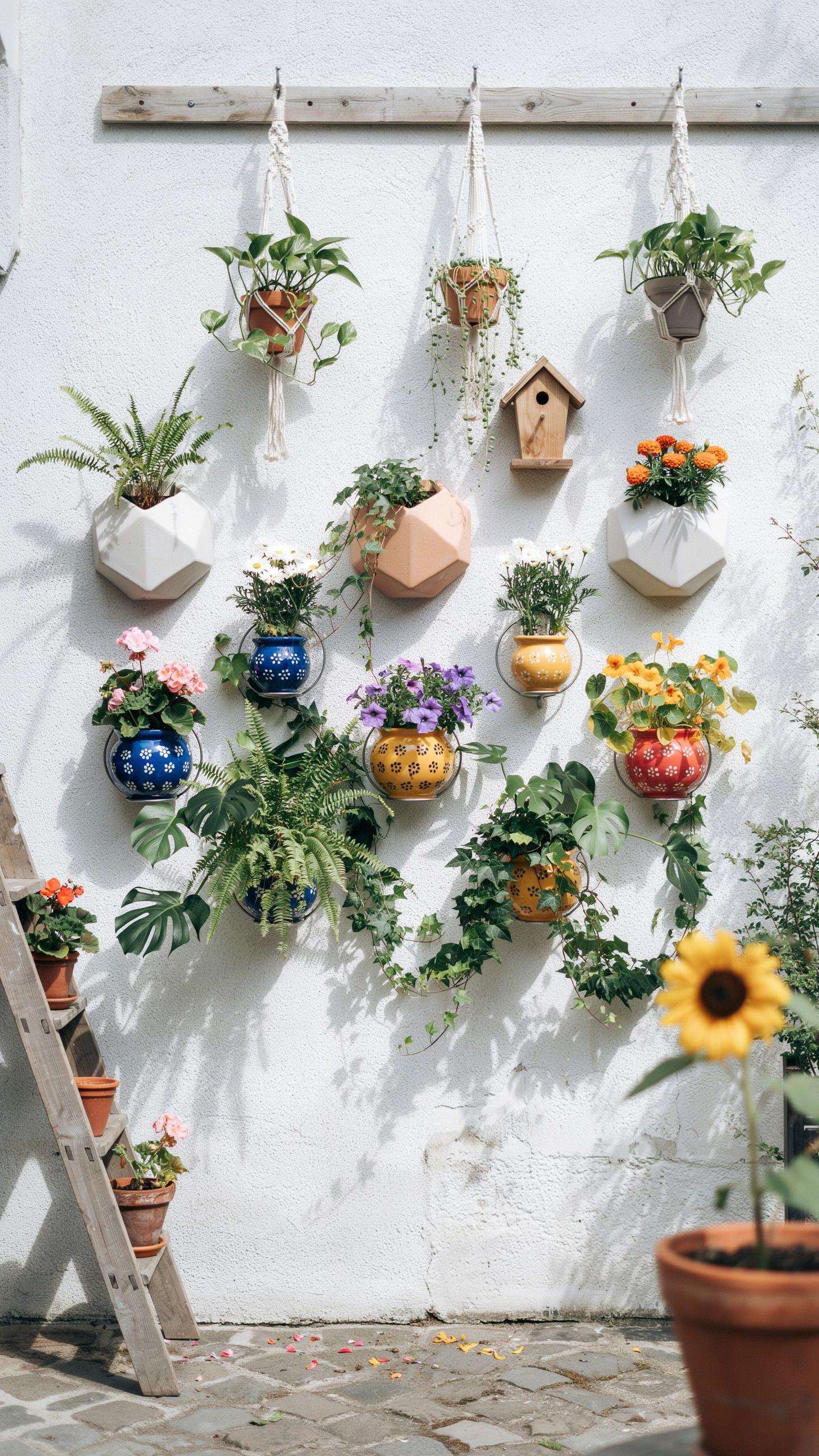 A white wall is adorned with numerous hanging and mounted planters holding various green plants and colorful flowers, alongside a small wooden birdhou