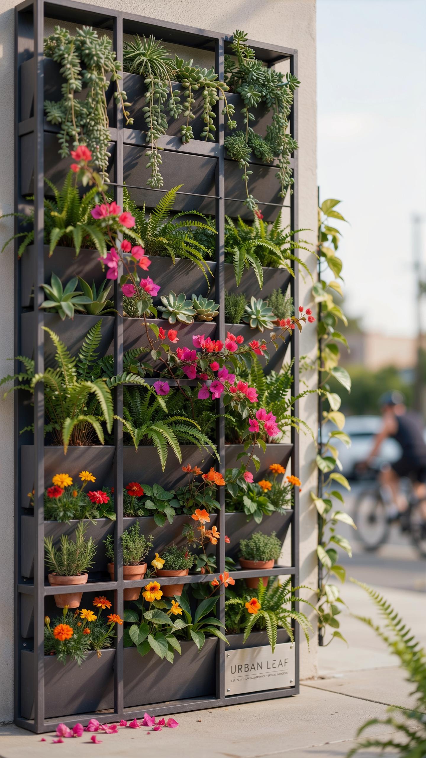 A tall, dark gray metal vertical garden stands outdoors against a light-colored building, filled with an assortment of green plants and vibrant pink,