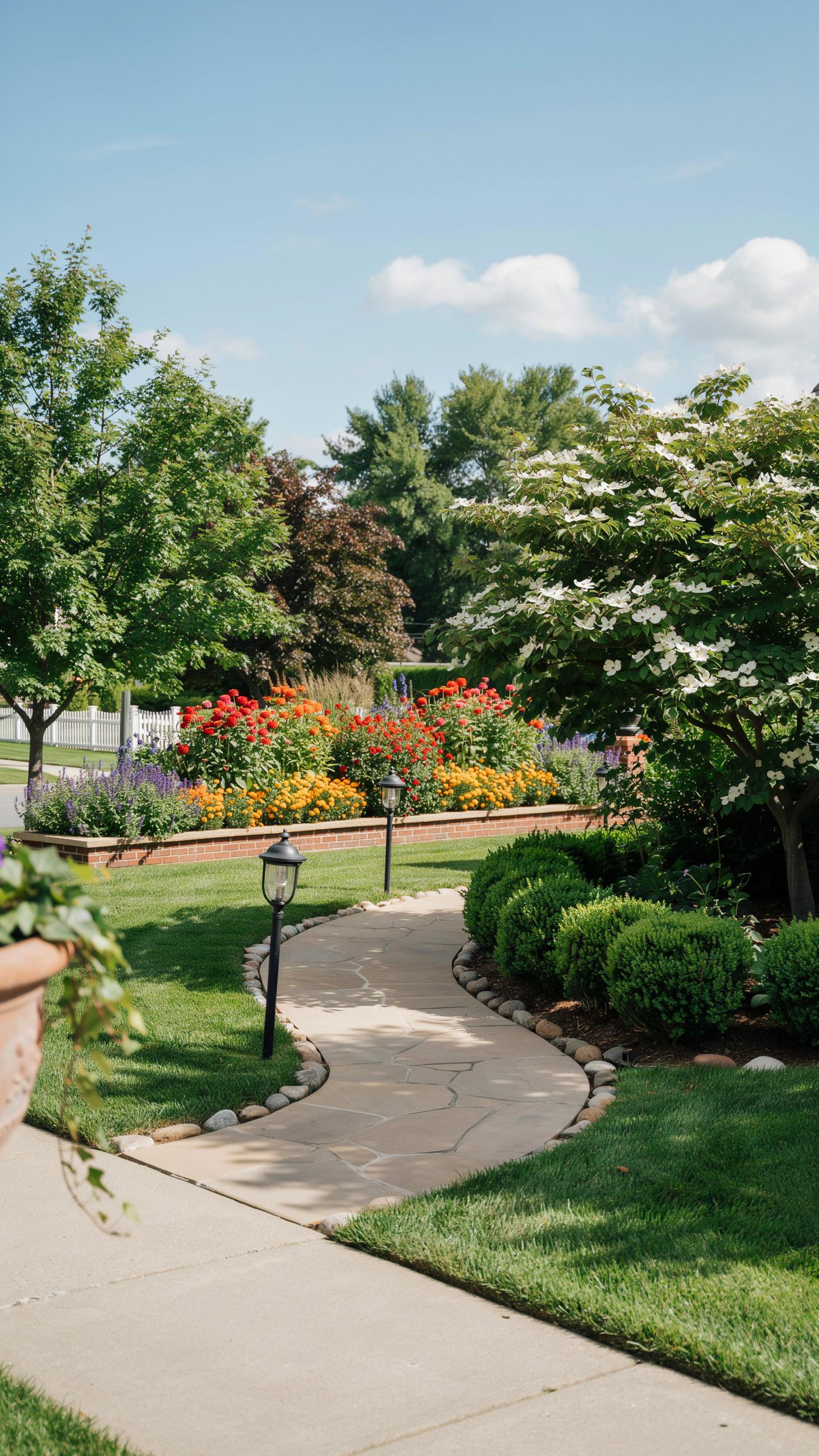 A winding concrete path with small lampposts leads through a lush green lawn, bordered by trimmed hedges and vibrant flower beds filled with red, oran