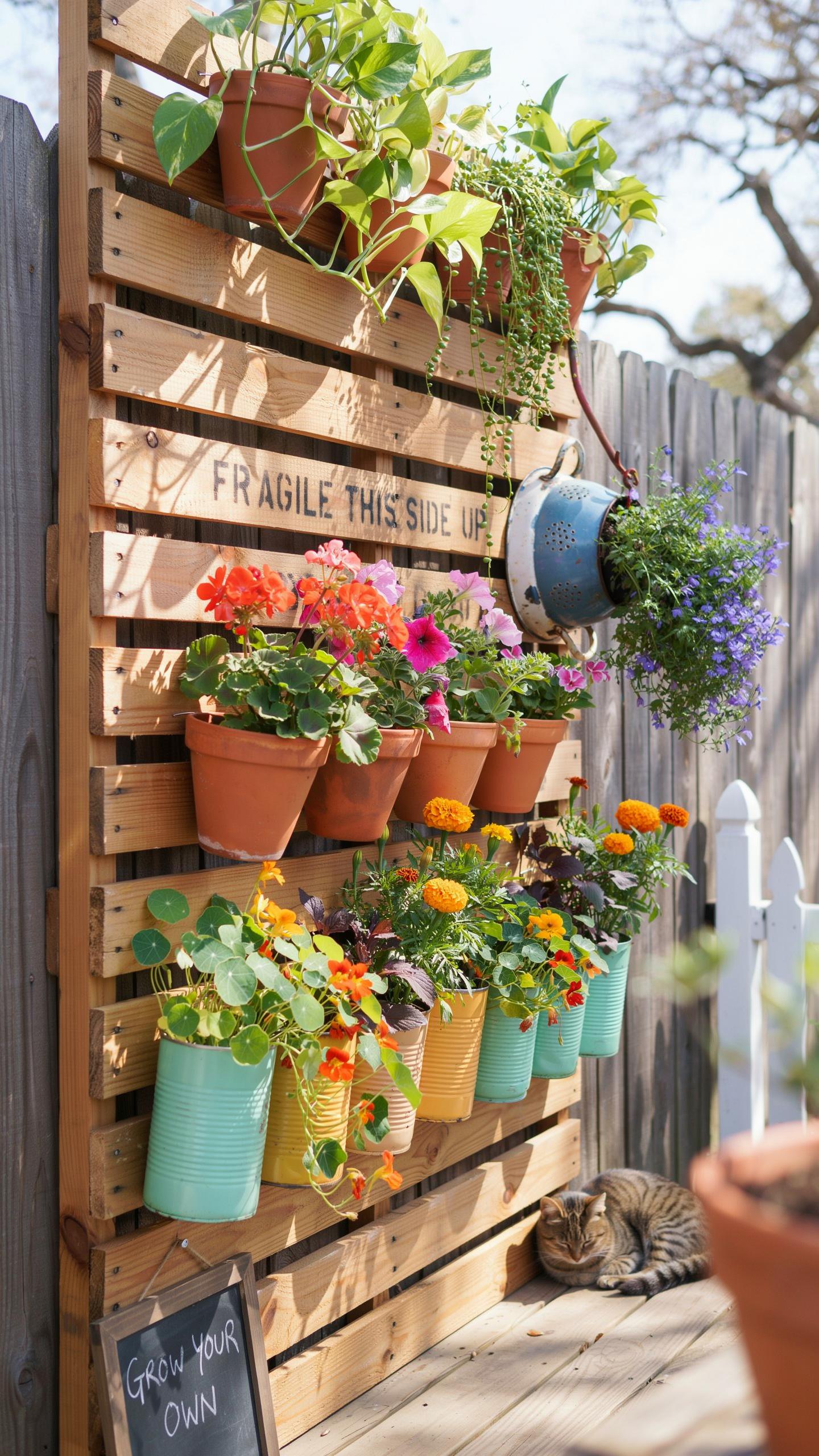 A repurposed wooden pallet, stained light brown, stands upright against a wooden fence, serving as a vertical garden with various potted plants, while