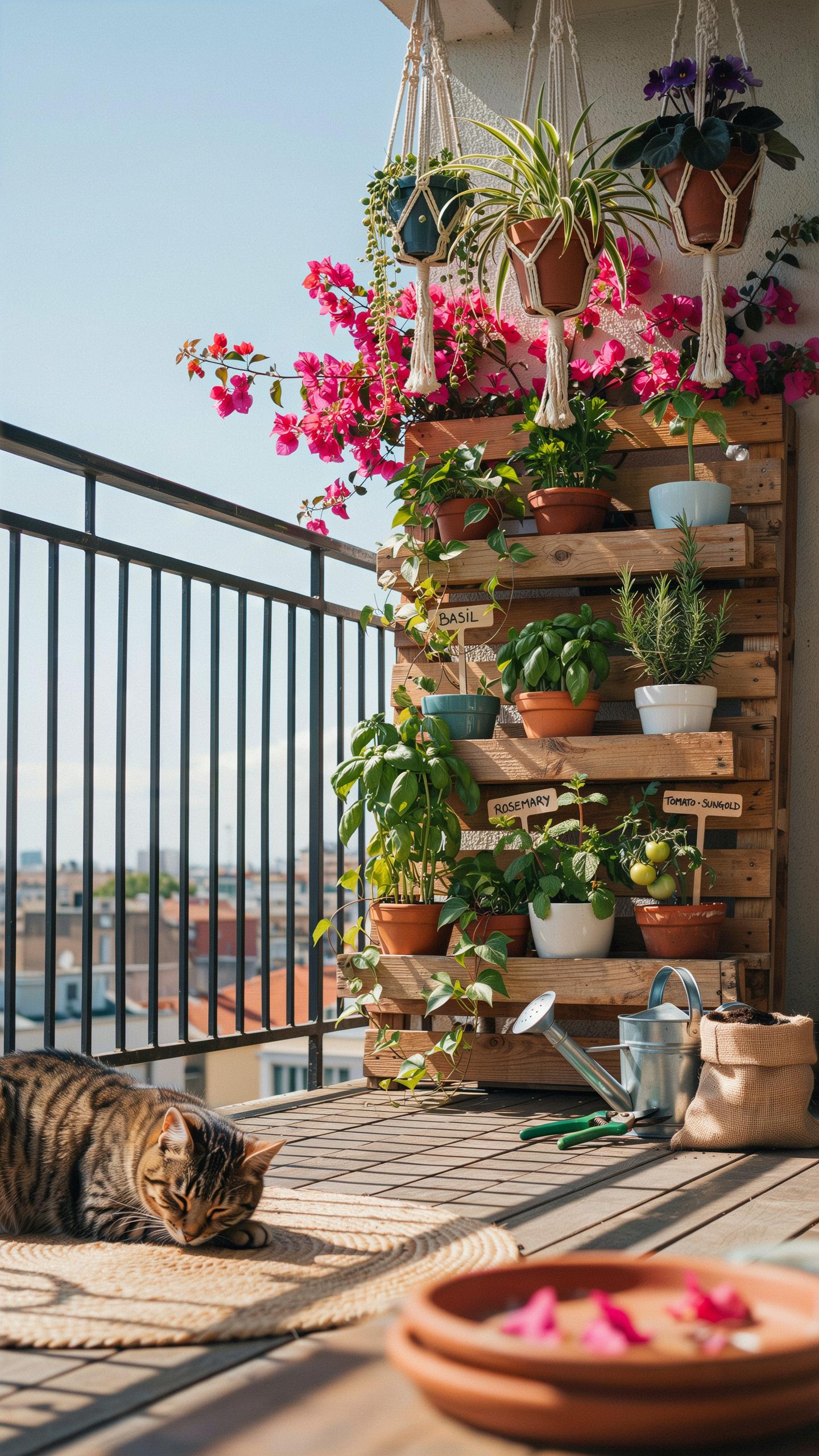 A tabby cat lies on a woven mat on a sunny wooden balcony, next to a multi-tiered wooden planter stand filled with various potted green plants and her