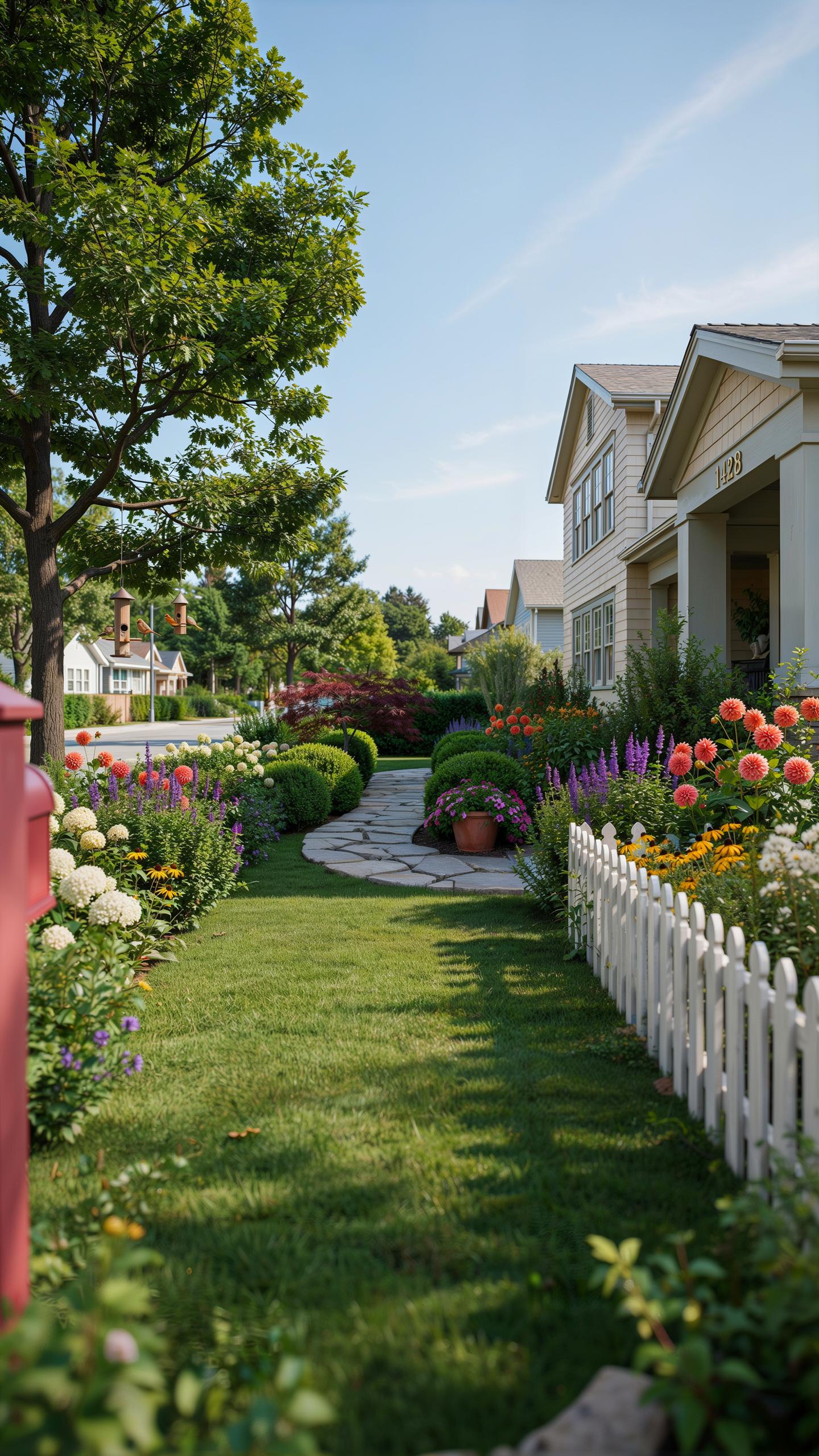 A vibrant green lawn and a winding stone path lead through a colorful garden filled with various flowering plants towards a two-story house on a sunny