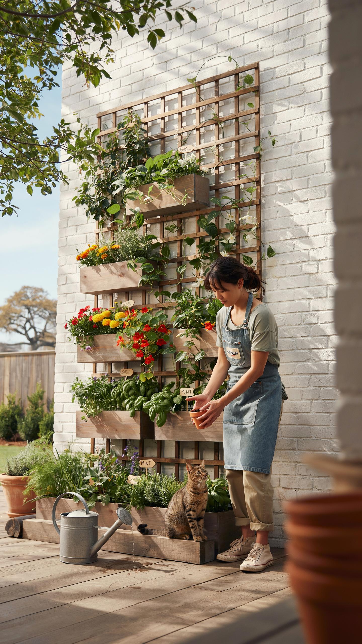 A woman in an apron kneels in a sunny outdoor patio next to a large vertical garden wall and a cat, holding a small pot.