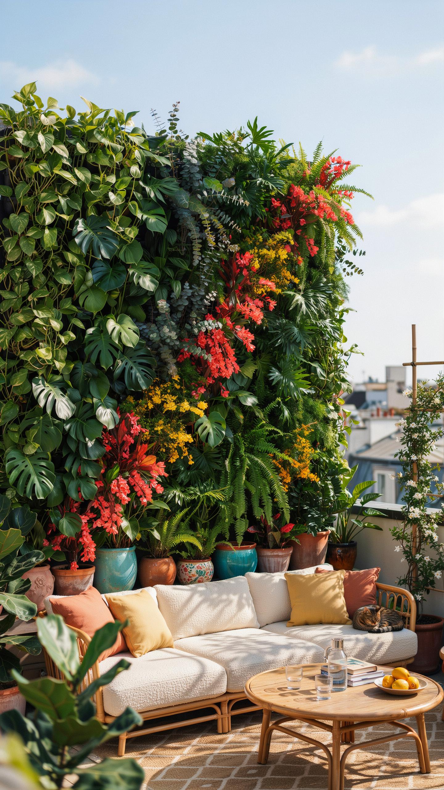 A vibrant green living wall with sections of red and yellow flowering plants serves as a backdrop to an outdoor patio with a light-colored sectional s