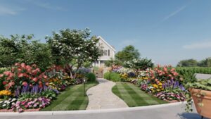 A long, winding stone path leads to the front door of a light-colored house, flanked on both sides by lush, vibrant flower beds filled with a variety