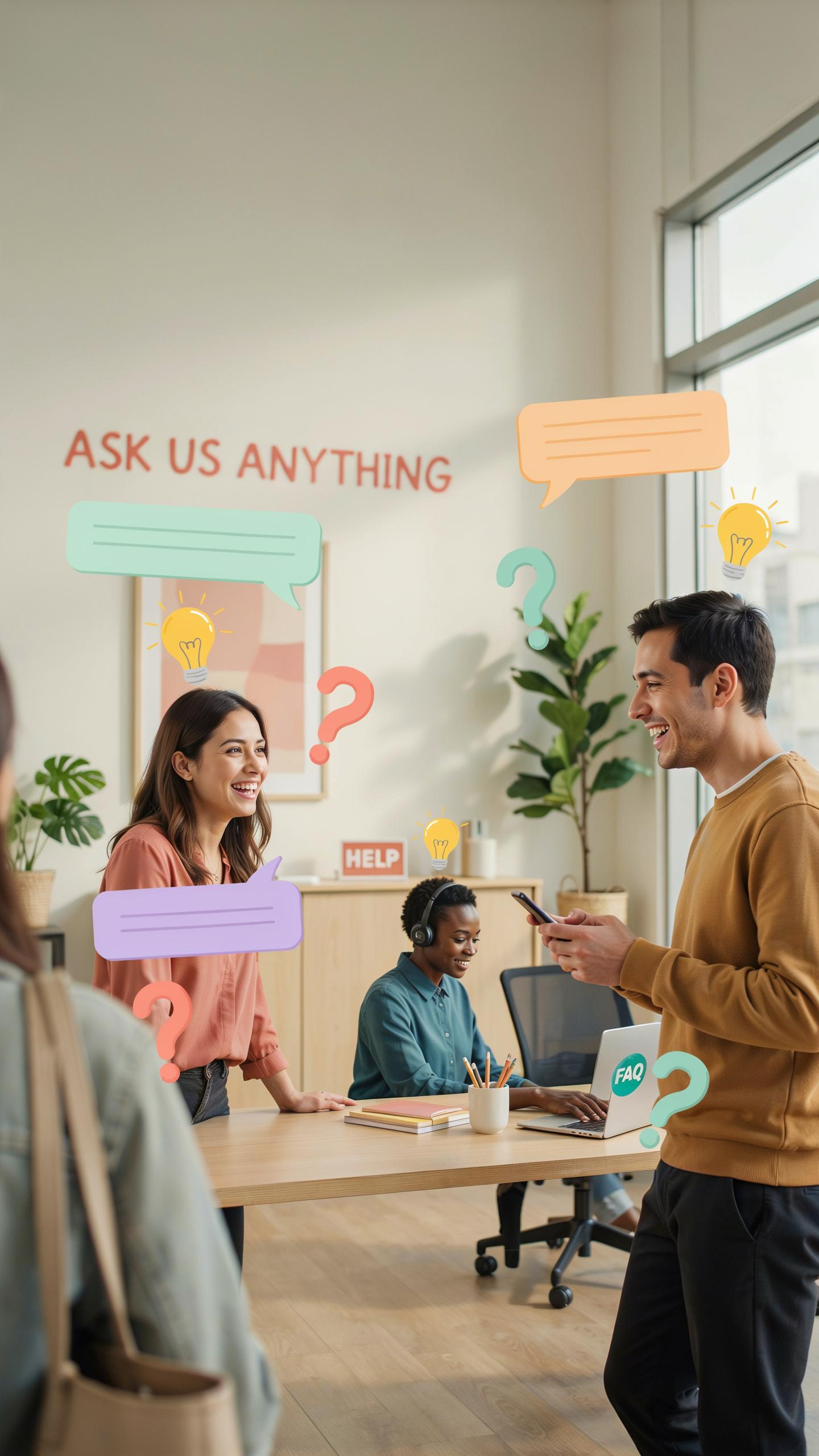 A vibrant office scene with four colleagues, two standing and two seated, surrounded by colorful cartoon speech bubbles and question marks, and 'ASK U