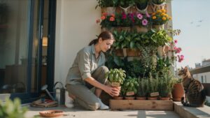 A young woman in a green shirt and pants crouches on a sunlit balcony, tending to potted herbs while a tabby cat sits beside her, observing the plants