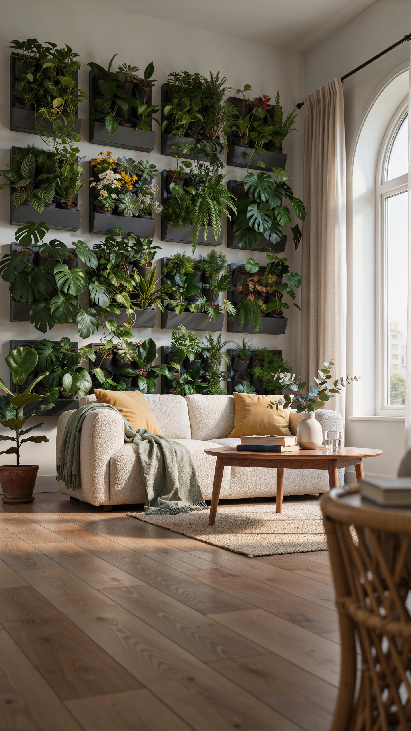 A modern living room features a large vertical garden wall composed of multiple square planters filled with diverse green plants, above a light-colore