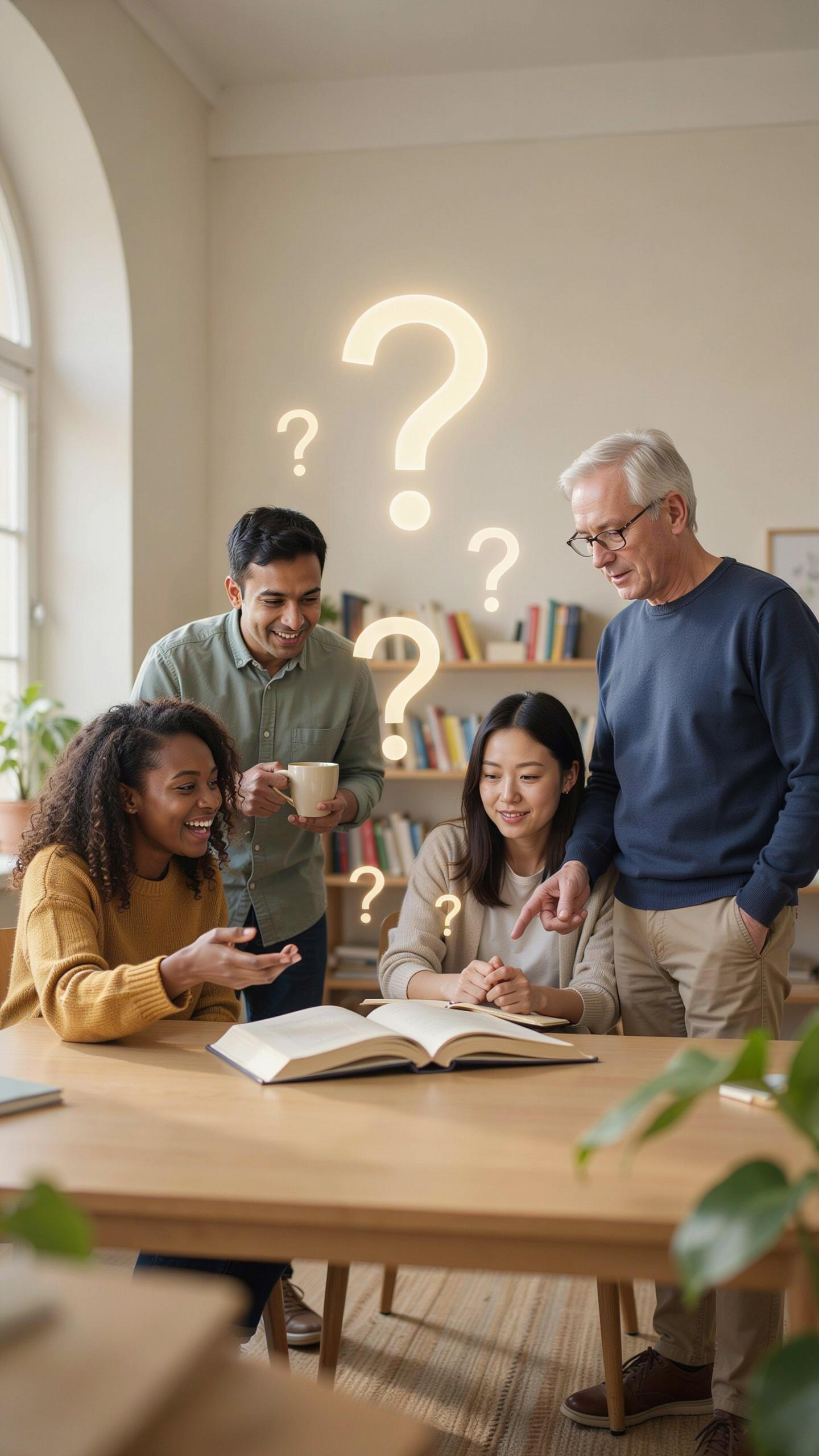Four people, two men and two women of diverse ethnicities and ages, sit and stand around a wooden table, looking at an open book with glowing question