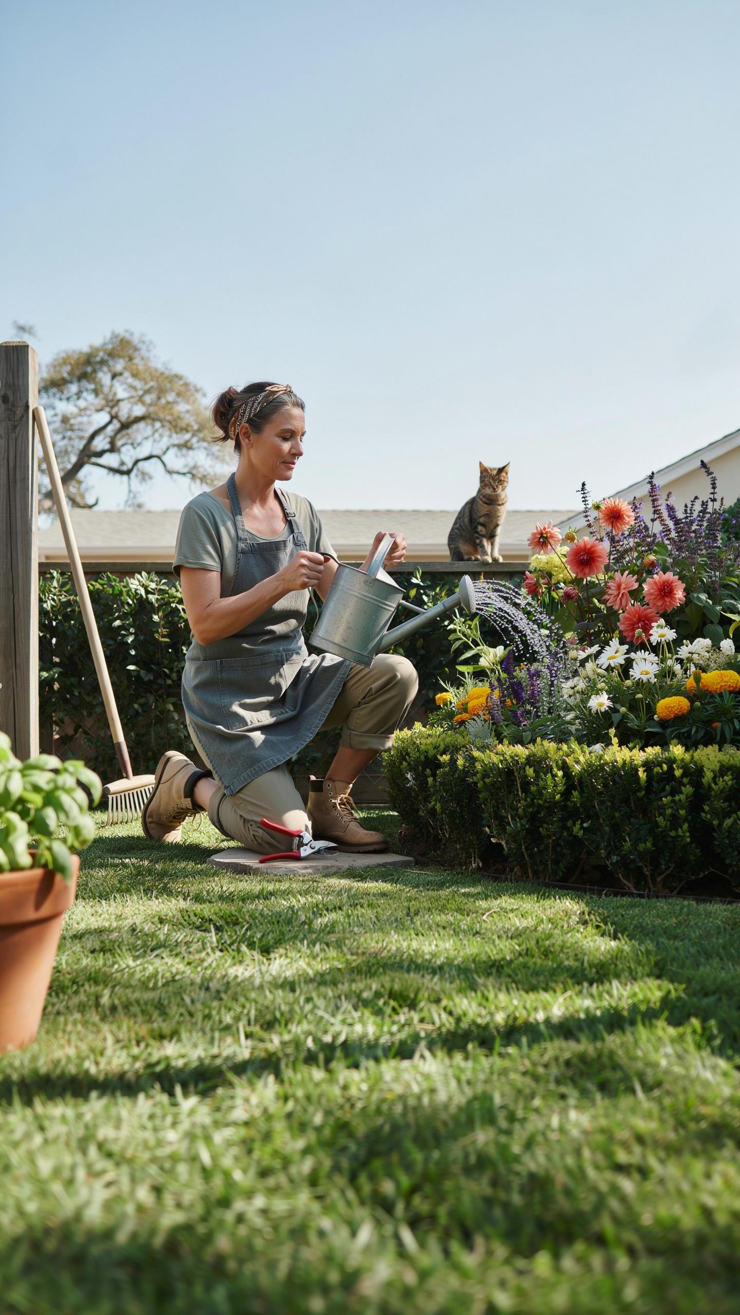 A woman in a green apron and work boots kneels in a sunny garden, watering plants with a light green watering can, while a light brown cat sits on a f