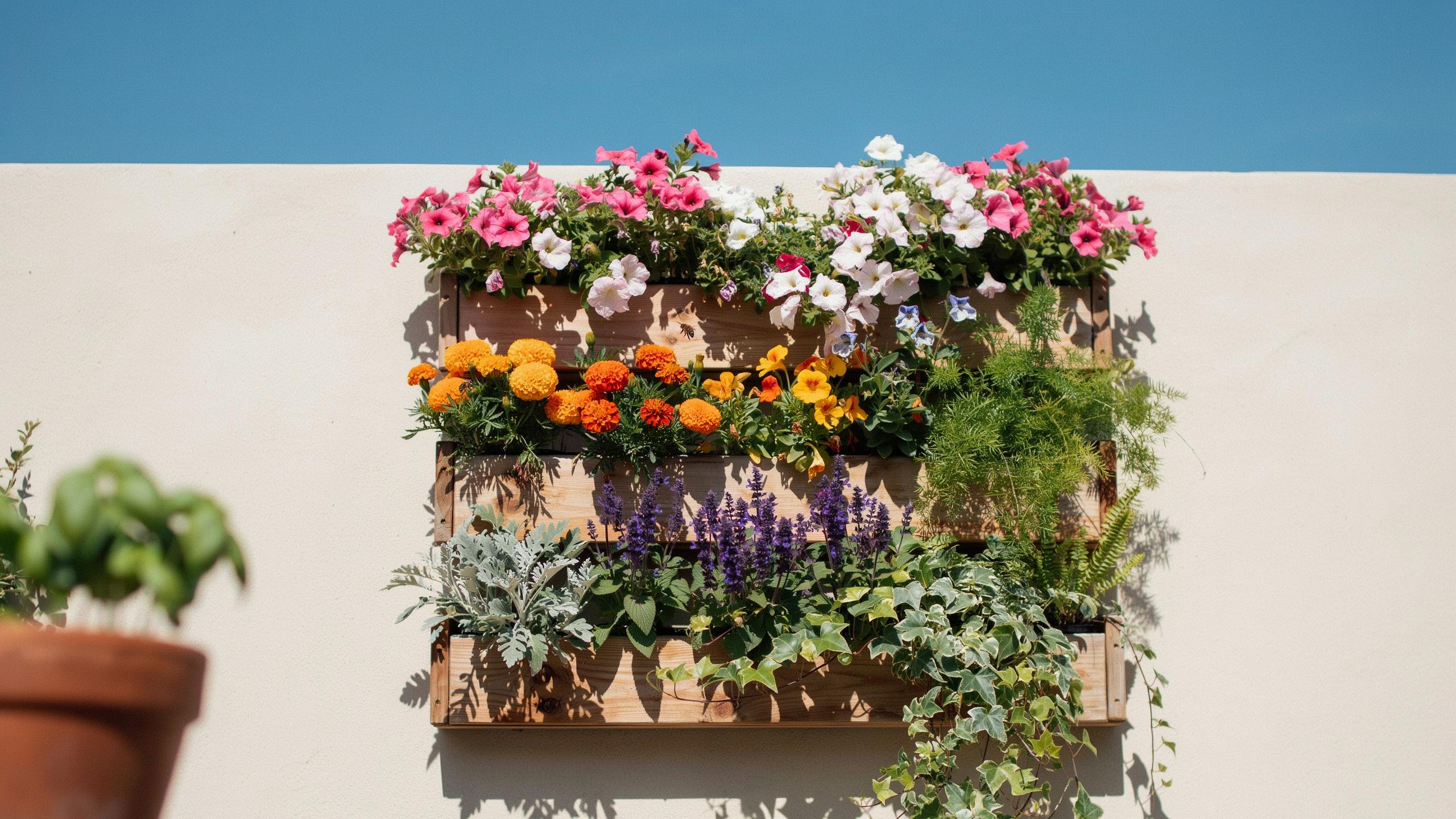 A vibrant vertical garden made from wooden pallets is mounted on a light-colored wall under a bright blue sky, showcasing various colorful flowering p