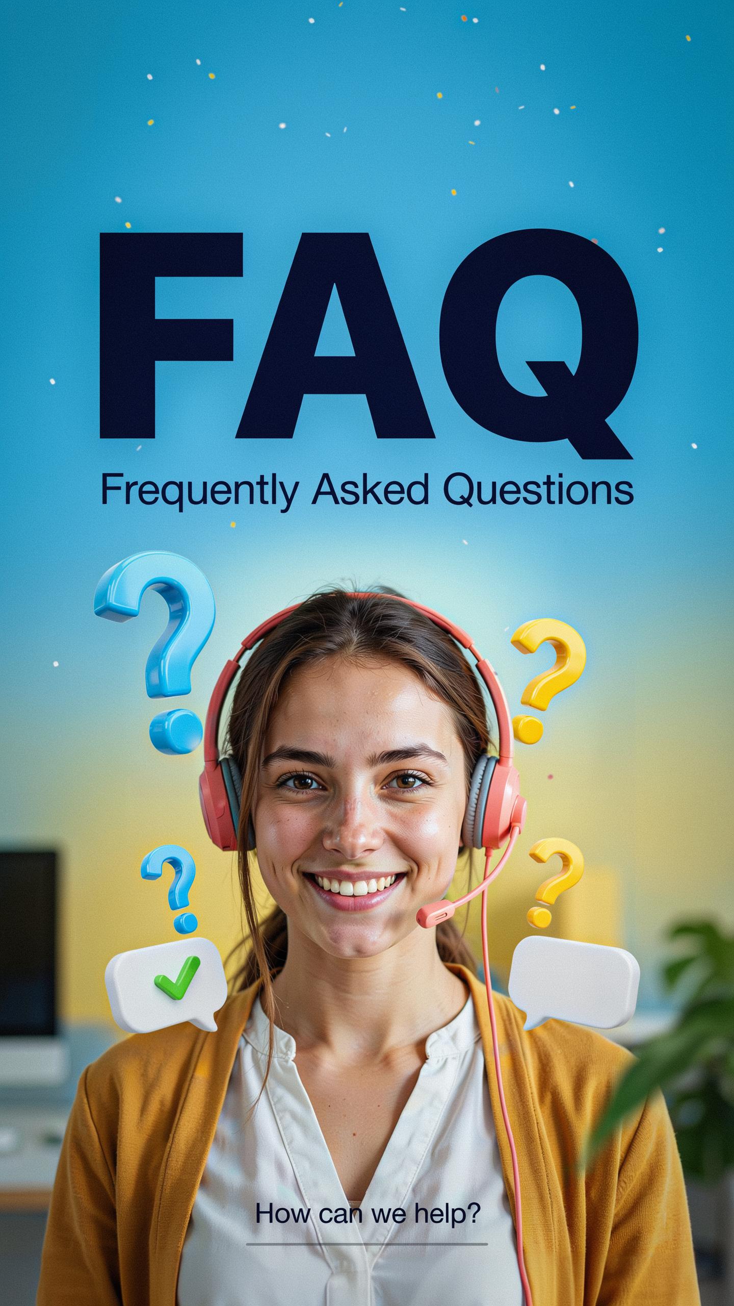 A smiling young woman with a headset and microphone looks directly at the viewer, set against a blue background with large "FAQ" text and floating que