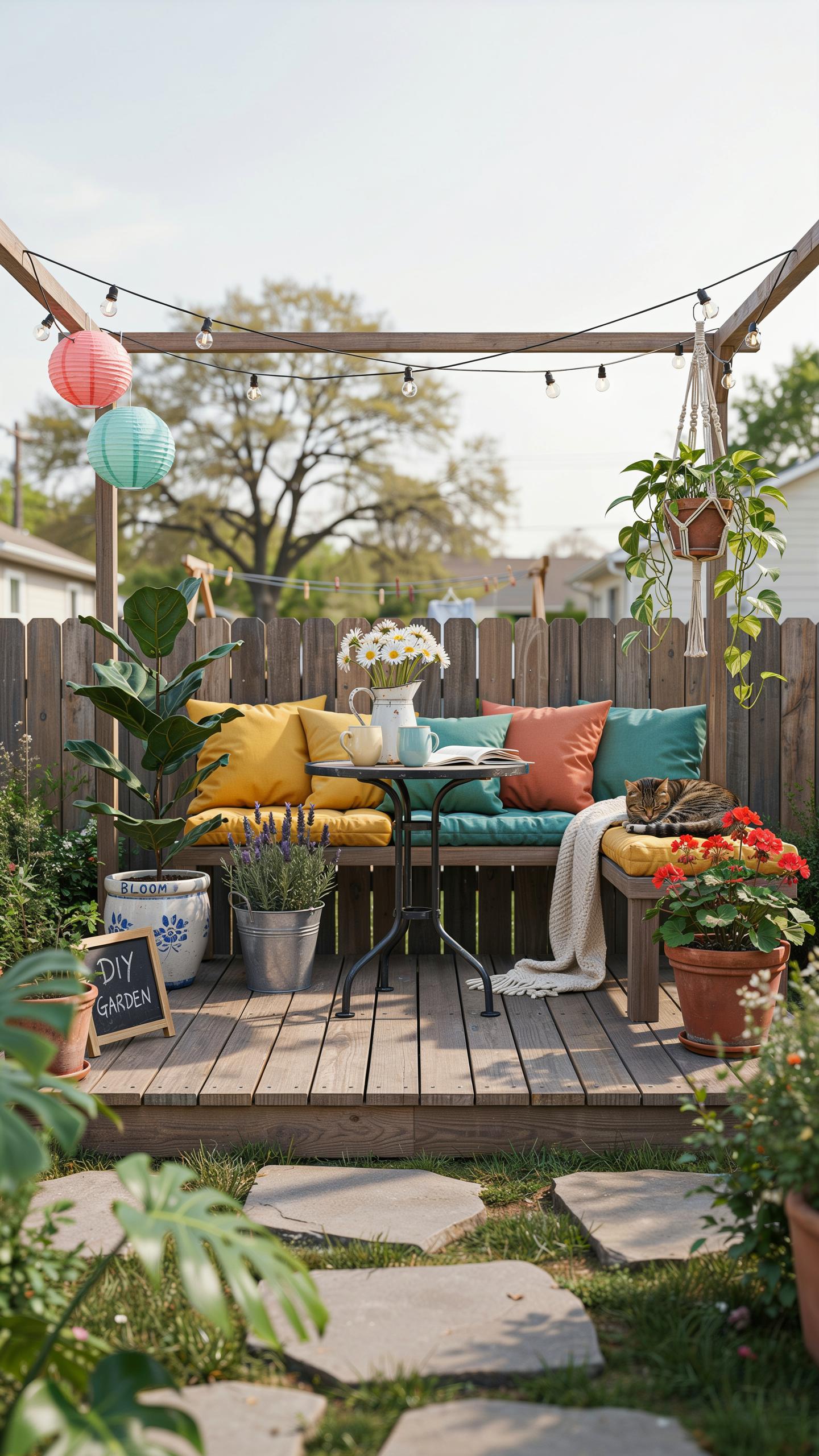 A cozy outdoor seating area features a wooden bench with colorful cushions under a pergola strung with lights, surrounded by potted plants and a rusti