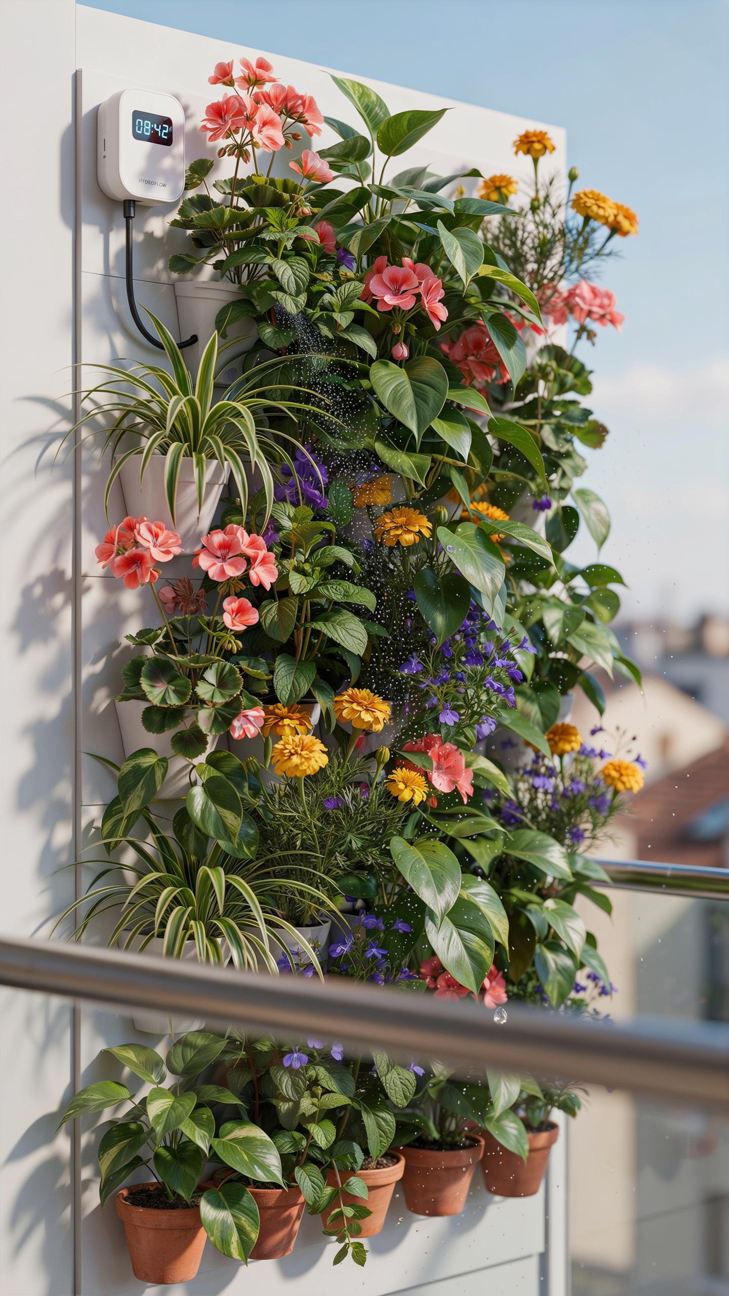 A vibrant vertical garden with various flowering plants and lush greenery is mounted on a white wall on a sunny balcony, with smaller potted plants ha