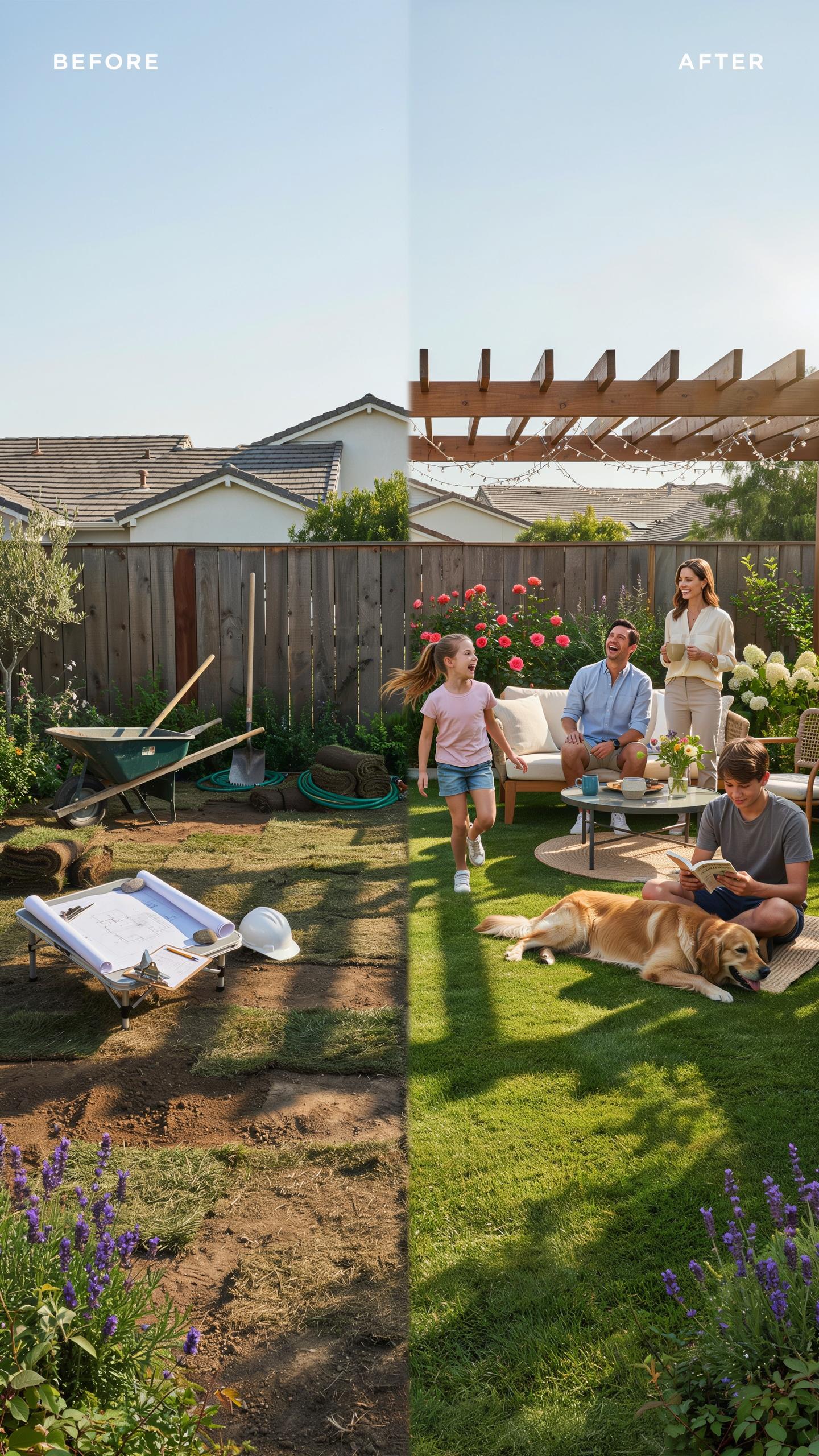A split image shows a barren backyard under construction on the left, with dirt, tools, and incomplete landscaping, while the right side displays the