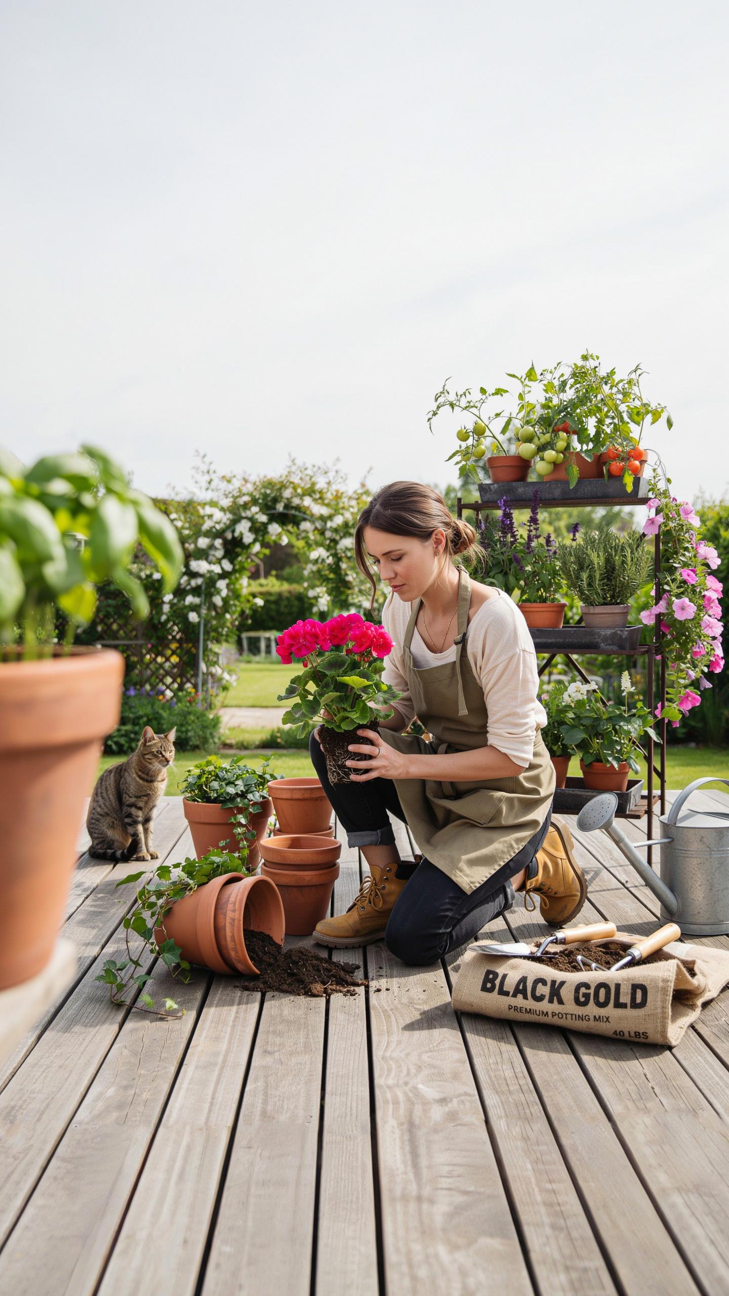 A young woman in an apron kneels on a wooden deck, carefully repotting a vibrant pink flowering plant into a terracotta pot, with several other potted