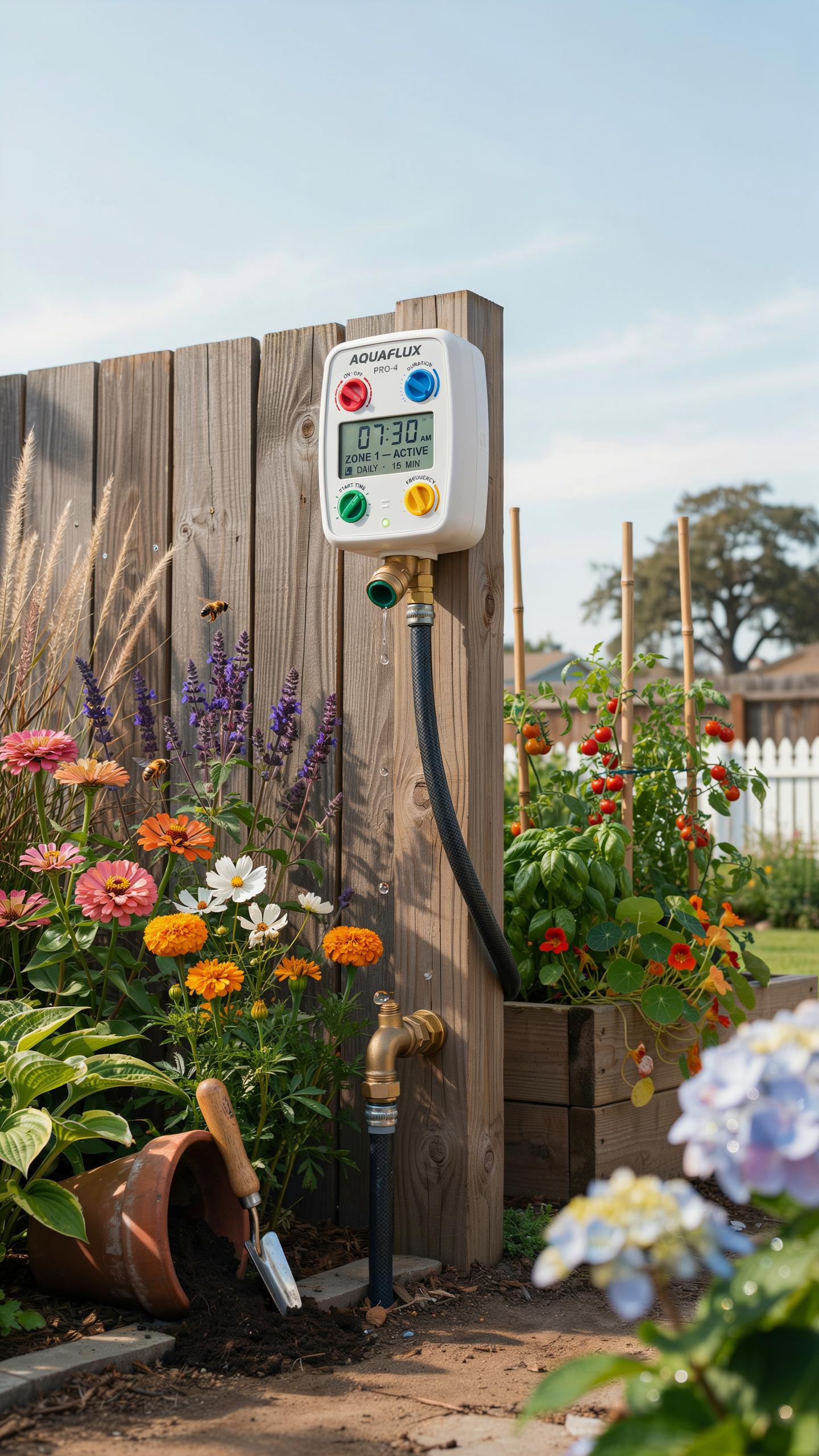 A white digital irrigation timer with colorful buttons is mounted on a wooden fence post in a sunlit garden, connected to a black hose that leads down
