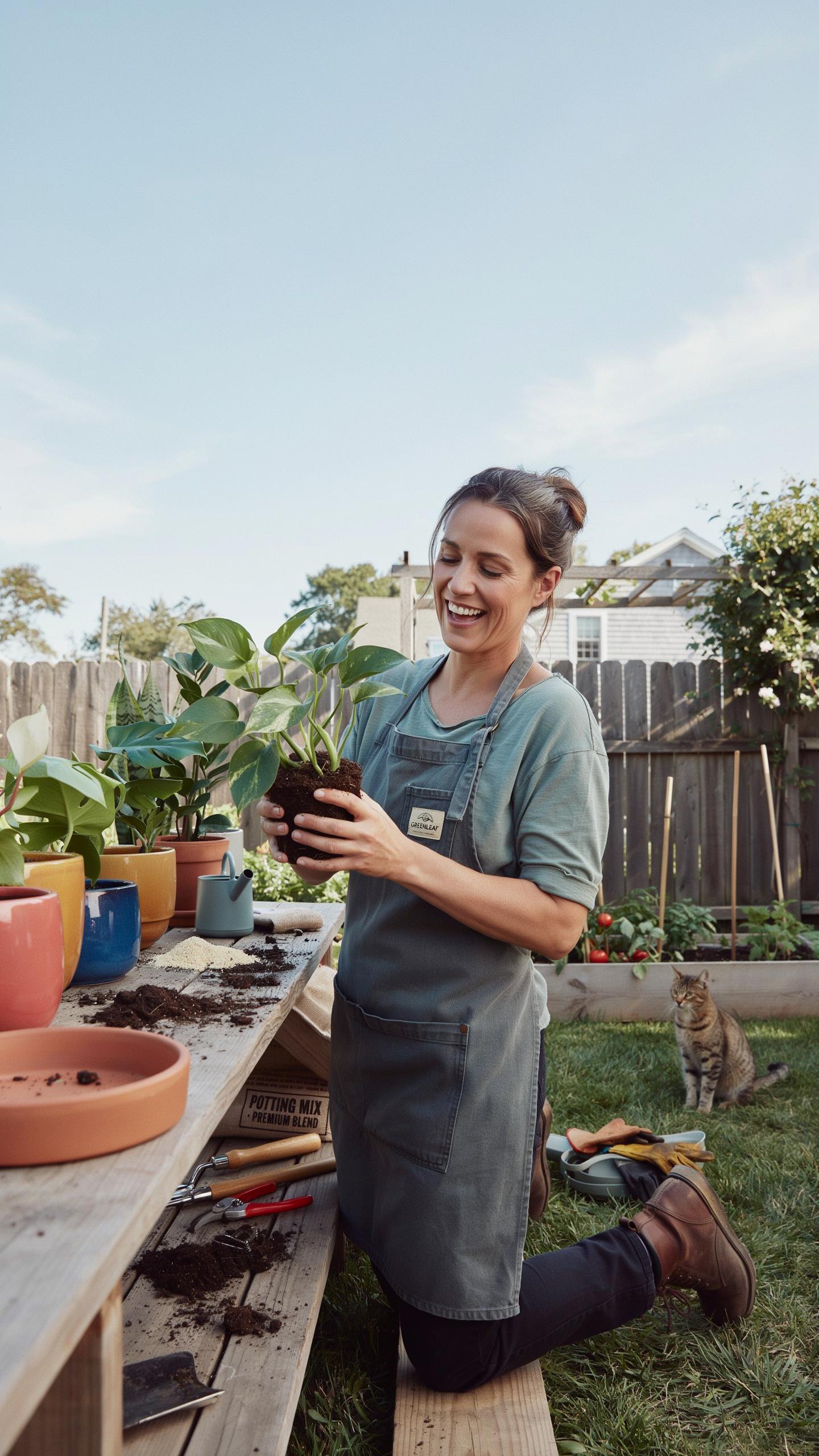 A smiling woman with dark hair tied back, wearing a light green shirt and dark gray apron, kneels at a wooden table outdoors, holding a small plant wi