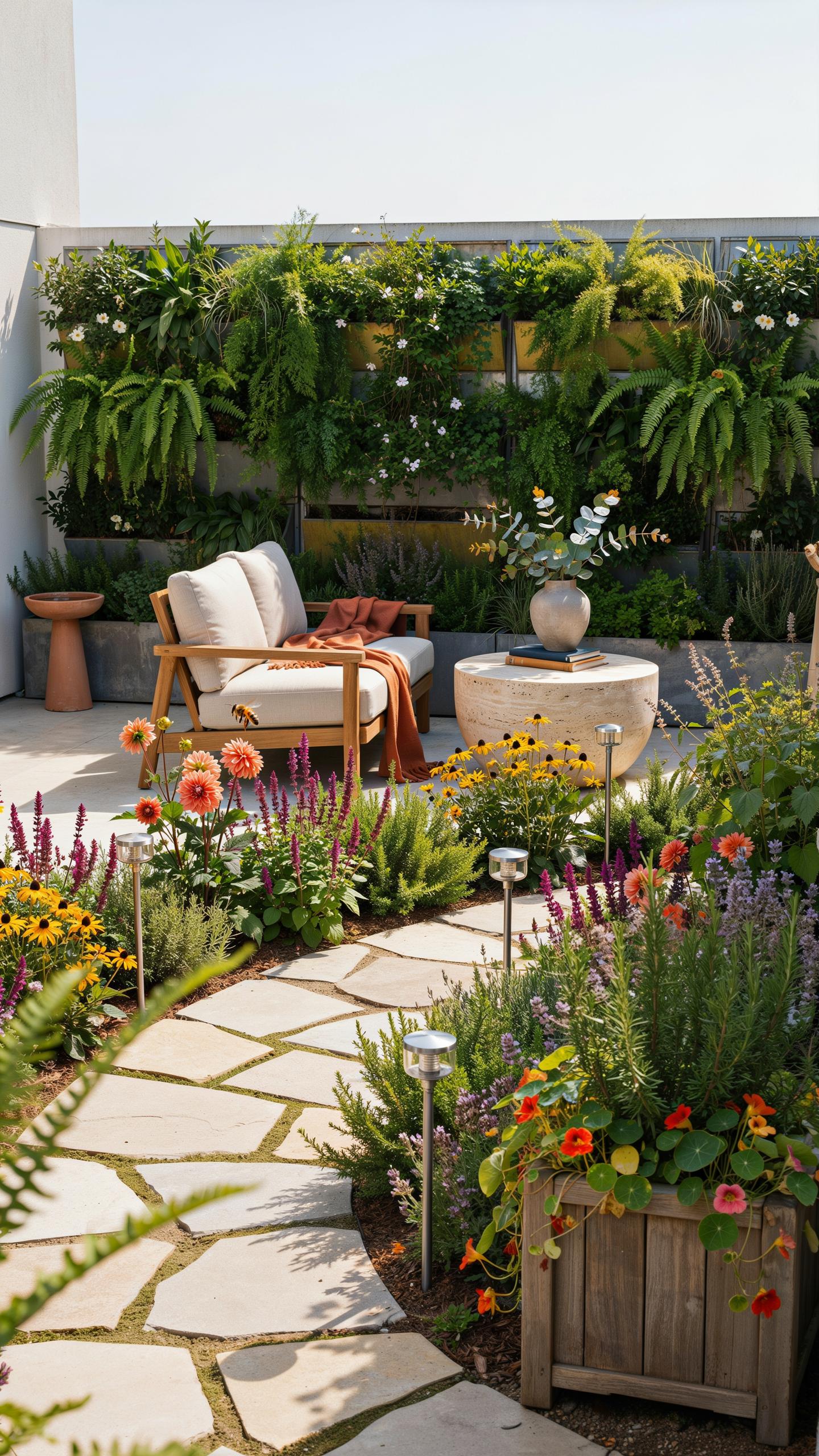 A serene outdoor patio features a stone pathway winding through vibrant flower beds, leading to a cozy seating area with two light-colored chairs and