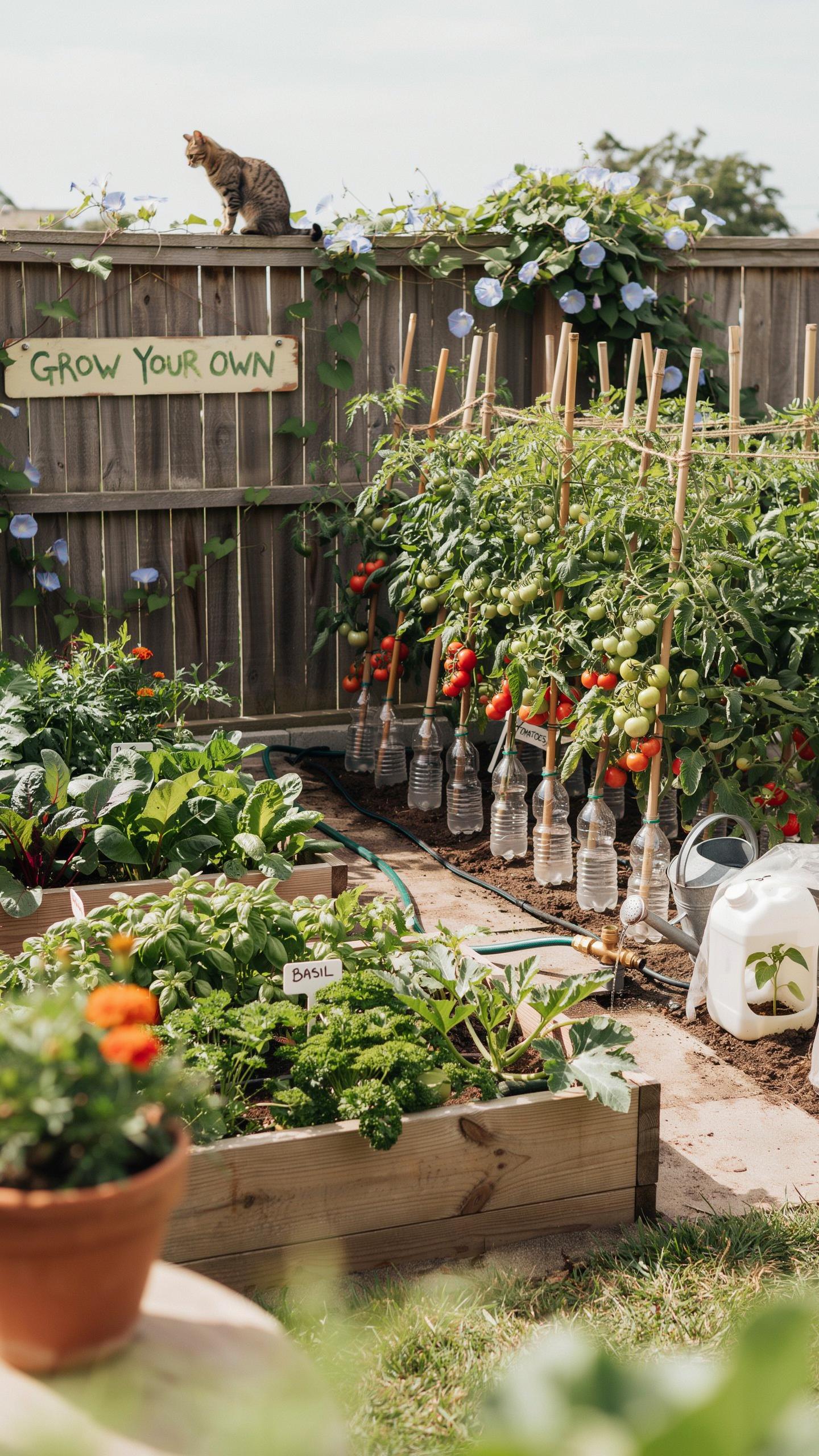 A full-frame shot shows a vibrant vegetable garden with wooden raised beds, trellised tomato plants, and various green foliage, with a cat perched on
