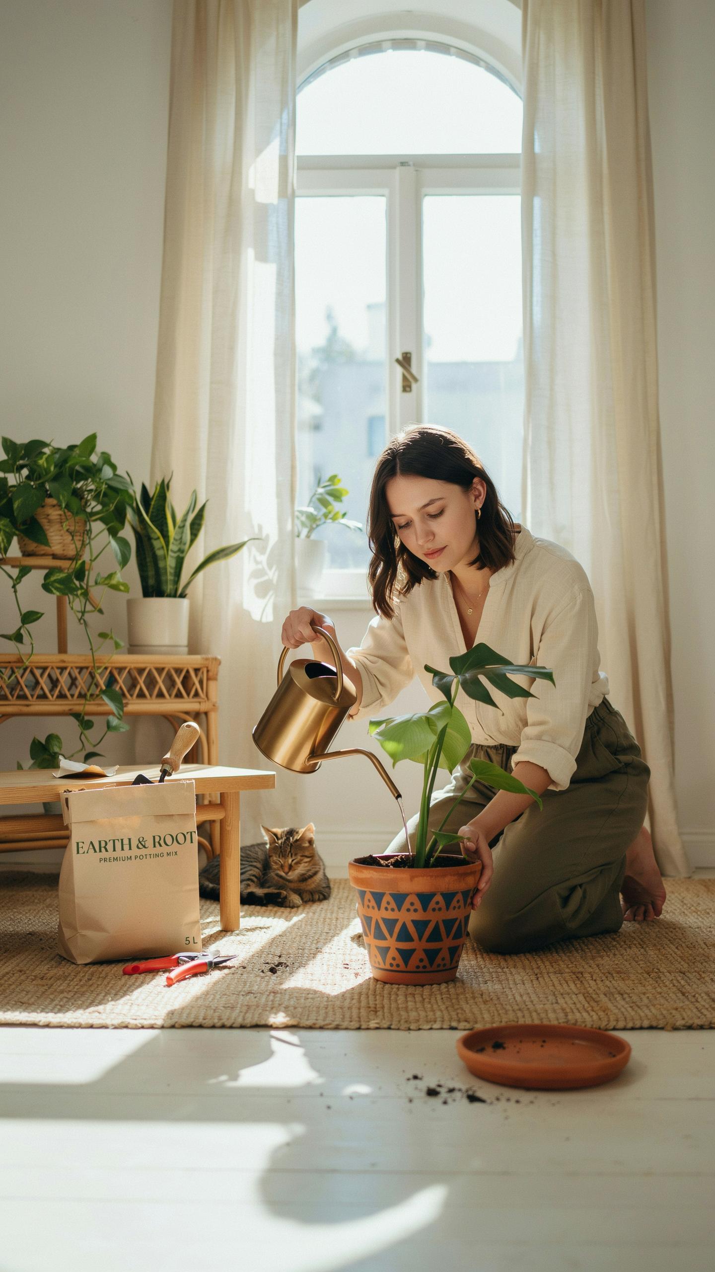 A young woman with dark hair kneels on a light-colored rug, watering a plant in a terracotta pot with a golden watering can, in a bright room with lar