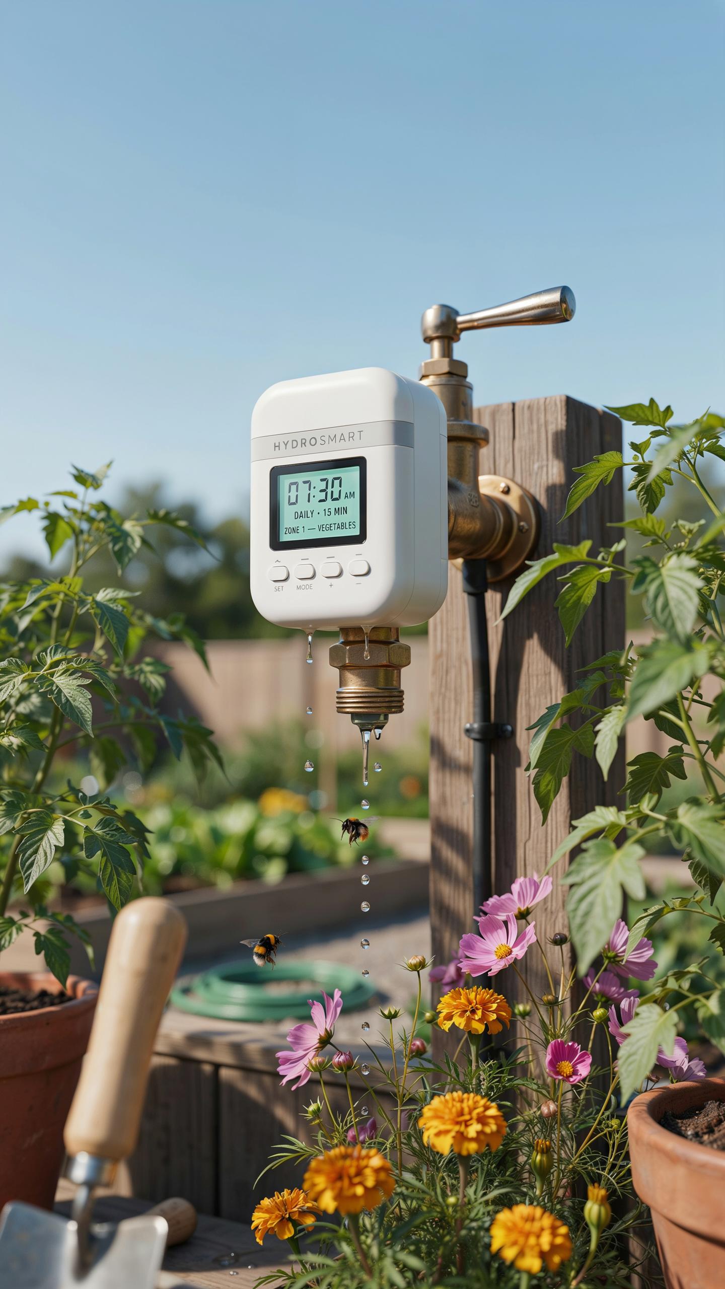 A white digital water timer is attached to a brass outdoor spigot mounted on a wooden post, with water dripping from its base. The spigot is surrounde