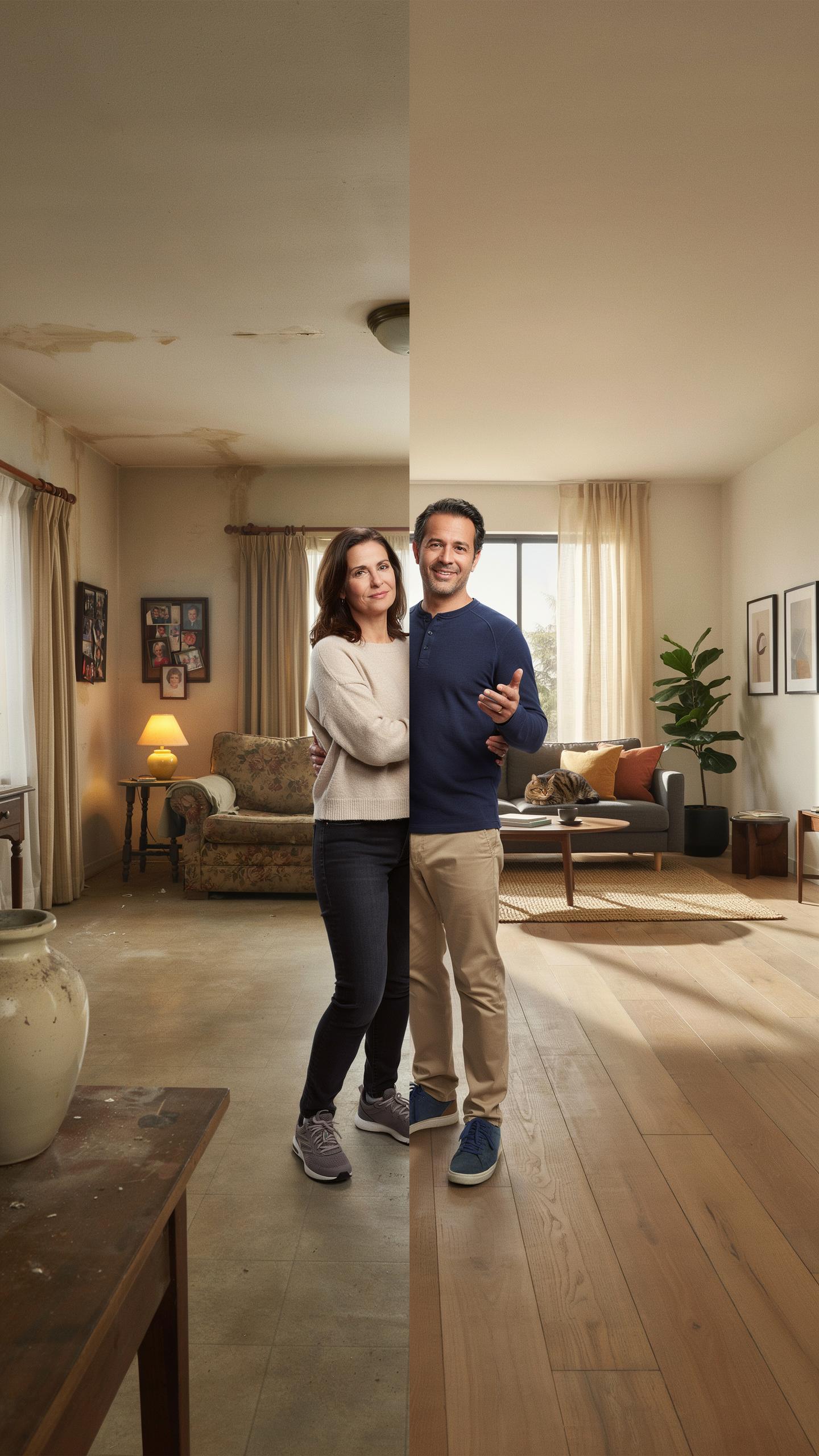 A split image shows a couple standing in the center of a living room, with the left side depicting a dilapidated, dusty room with water stains on the