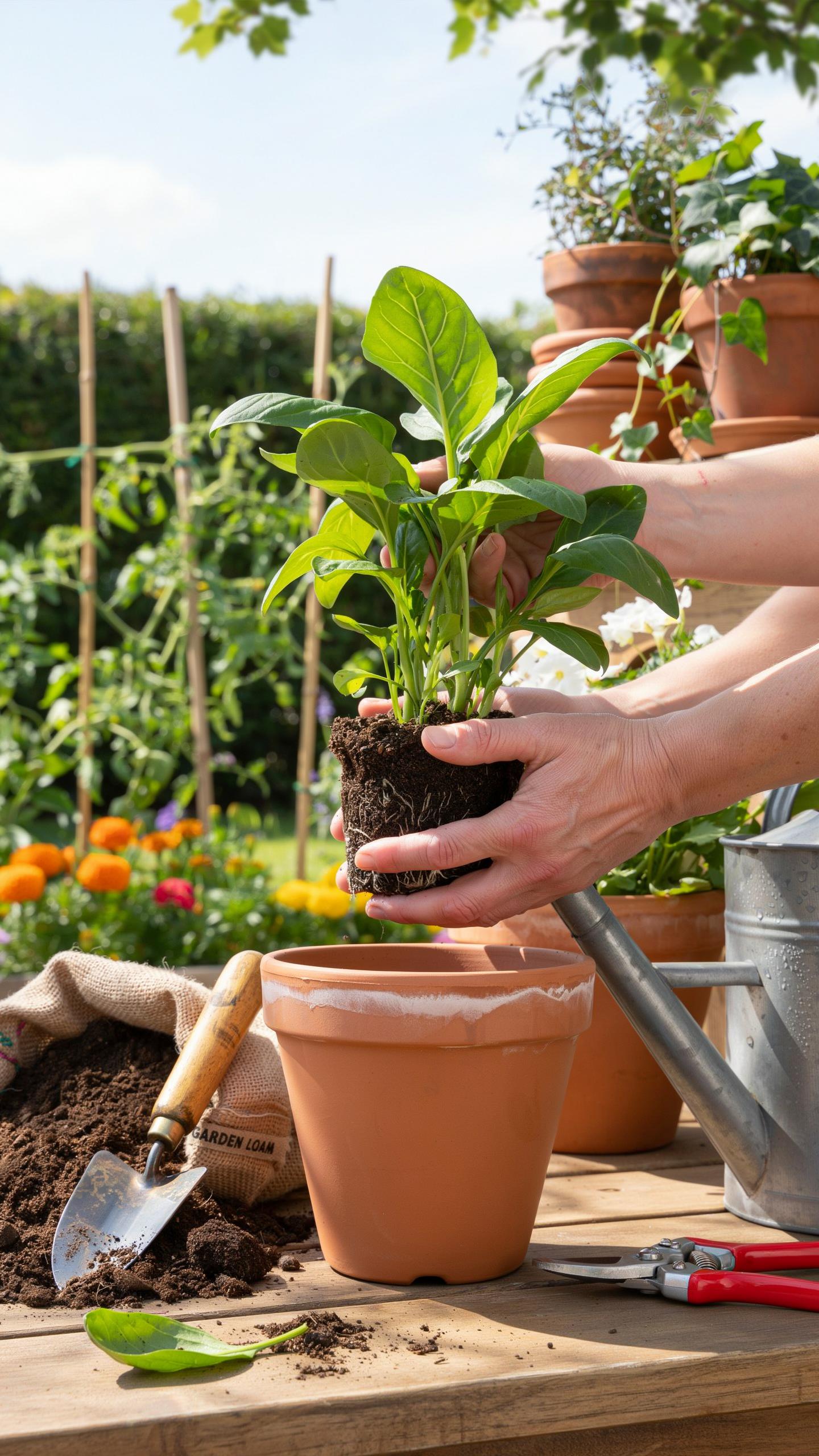 A person's hands are shown holding a small potted plant, ready to be transferred into a larger terracotta pot on a wooden table in a sunny outdoor gar