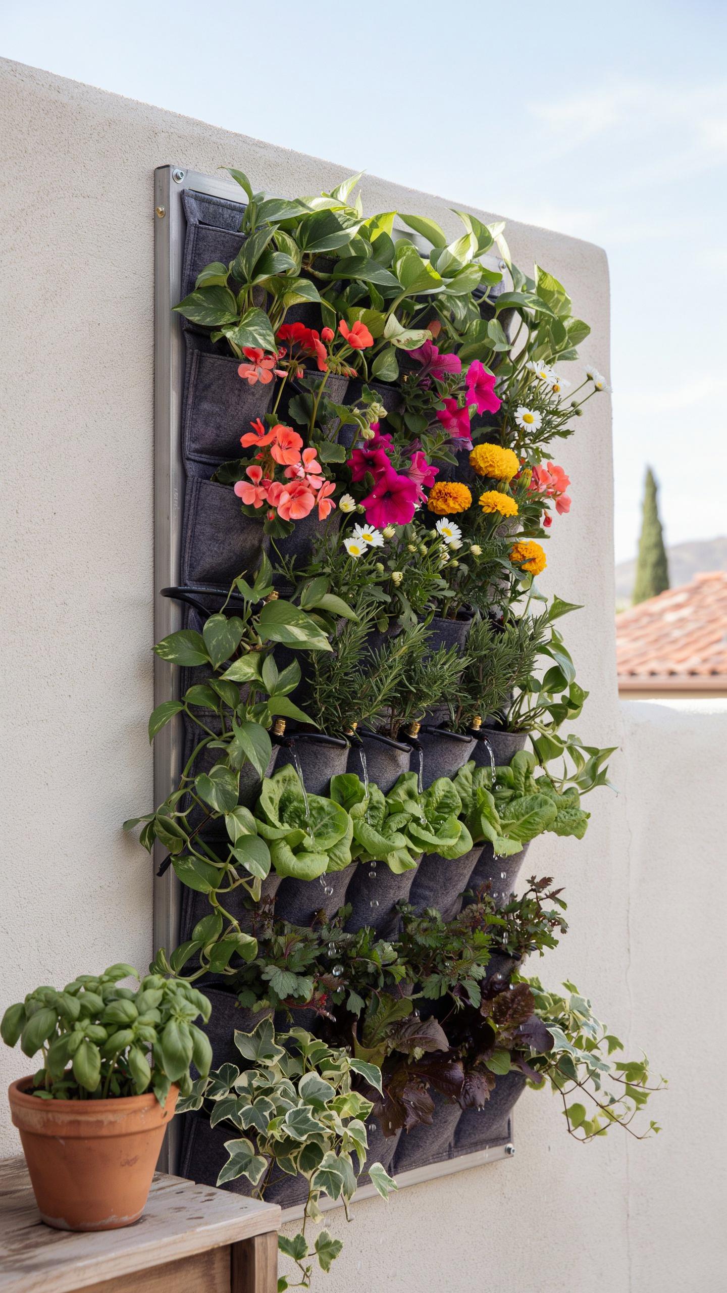 A vertical garden hangs on a light-colored stucco wall, featuring several rows of colorful flowers, green herbs, and leafy greens in black fabric pock