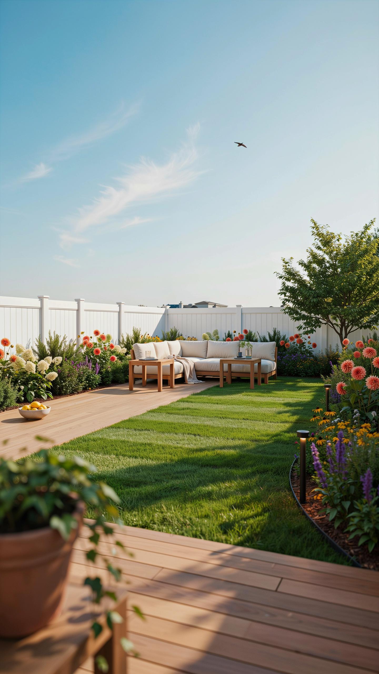 A lush, well-maintained backyard features a wooden deck in the foreground, a vibrant green lawn in the center, and a white fence enclosing a comfortab