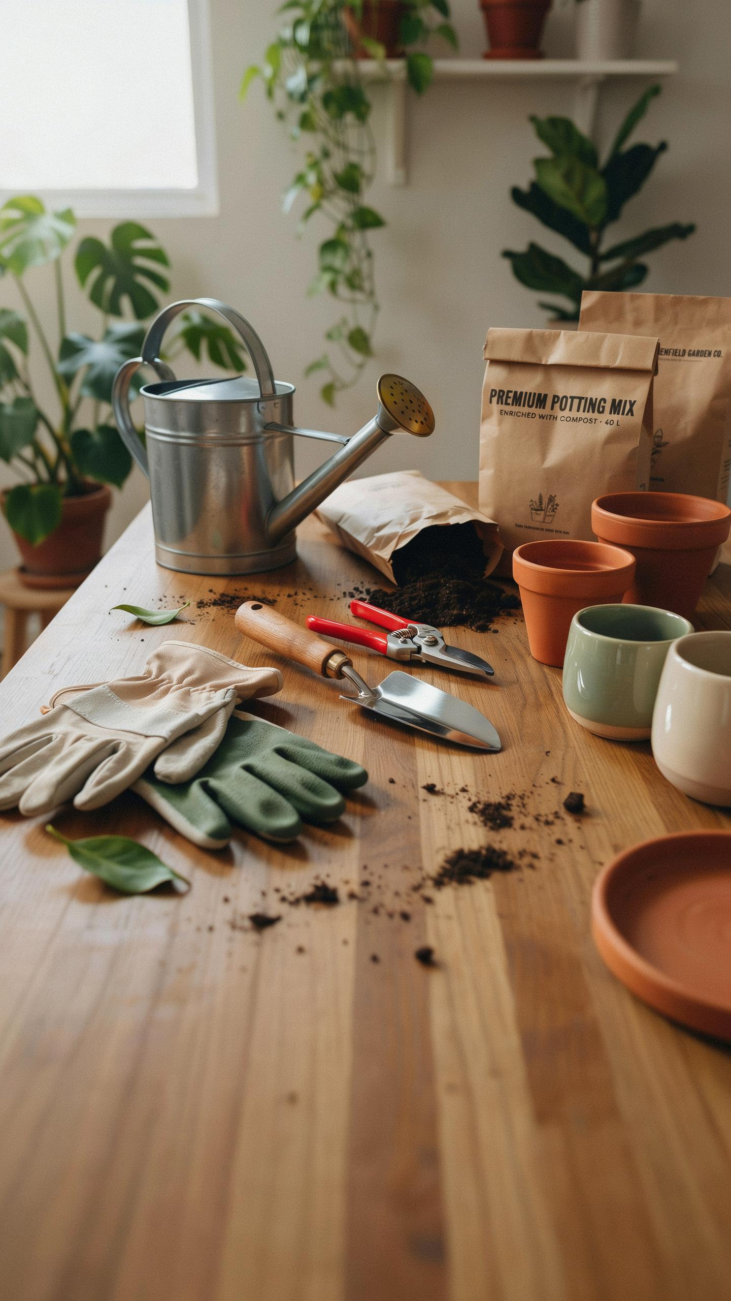 Gardening tools, soil, and pots are arranged on a light wood table, including a silver watering can, work gloves, a trowel, pruning shears, and terra
